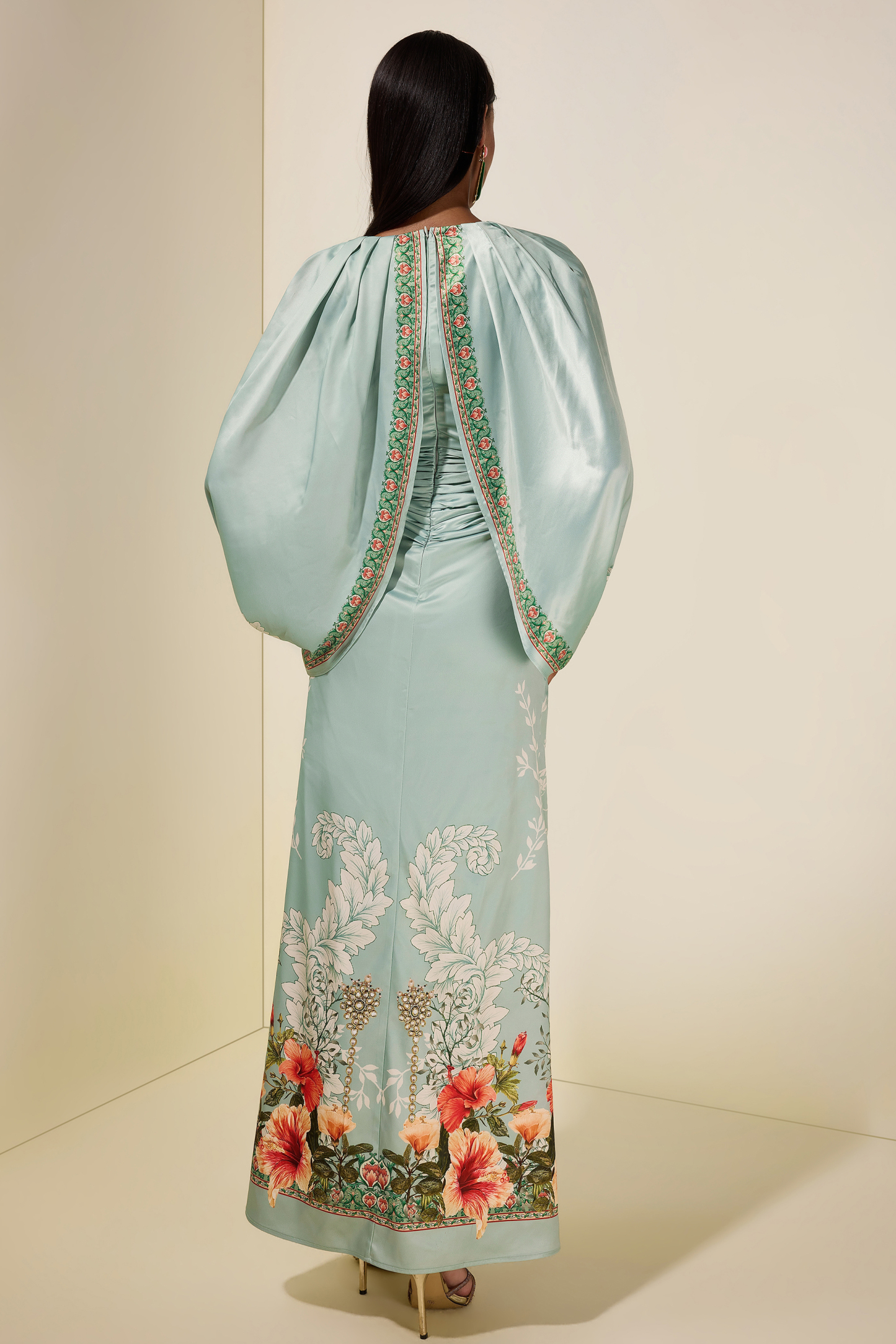 Floral Cape Sleeve Pleated Maxi Dress