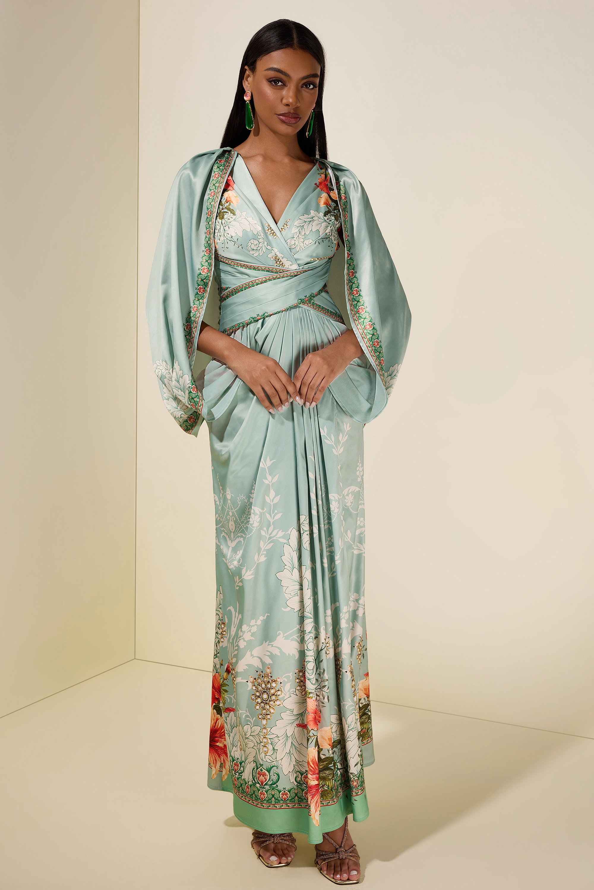 Floral Cape Sleeve Pleated Maxi Dress