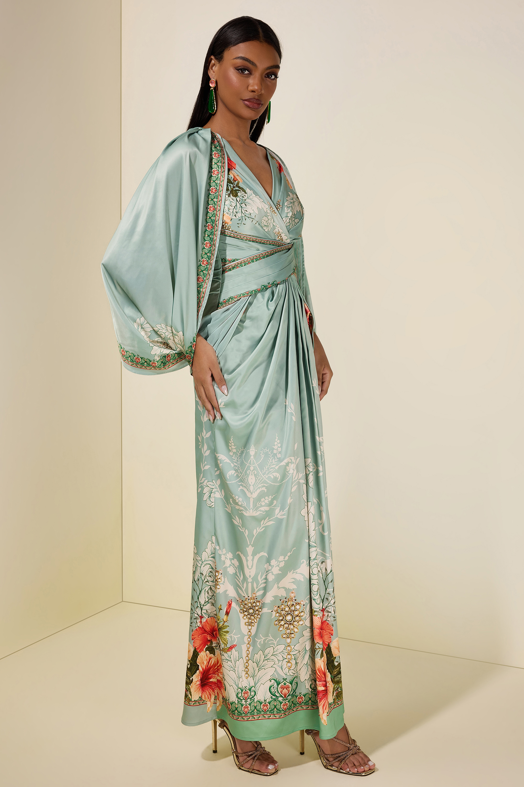 Floral Cape Sleeve Pleated Maxi Dress