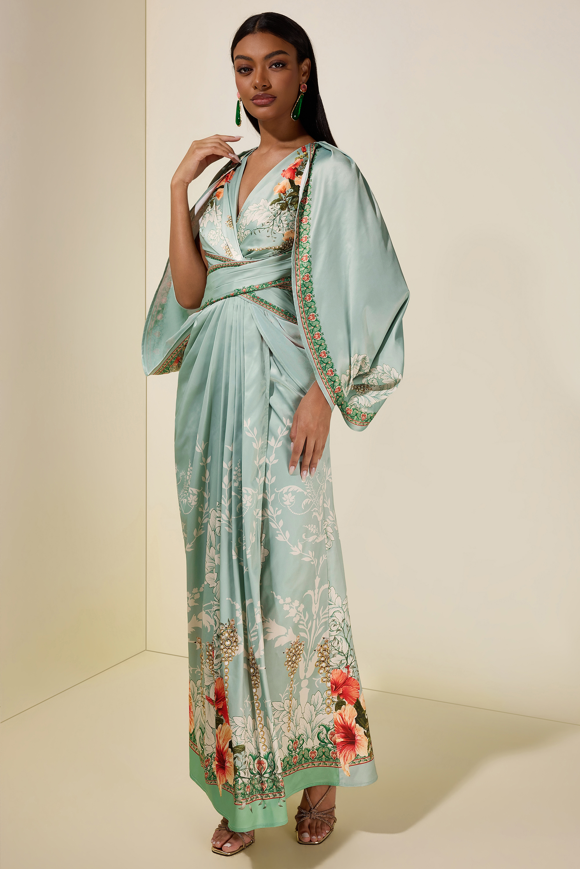 Floral Cape Sleeve Pleated Maxi Dress