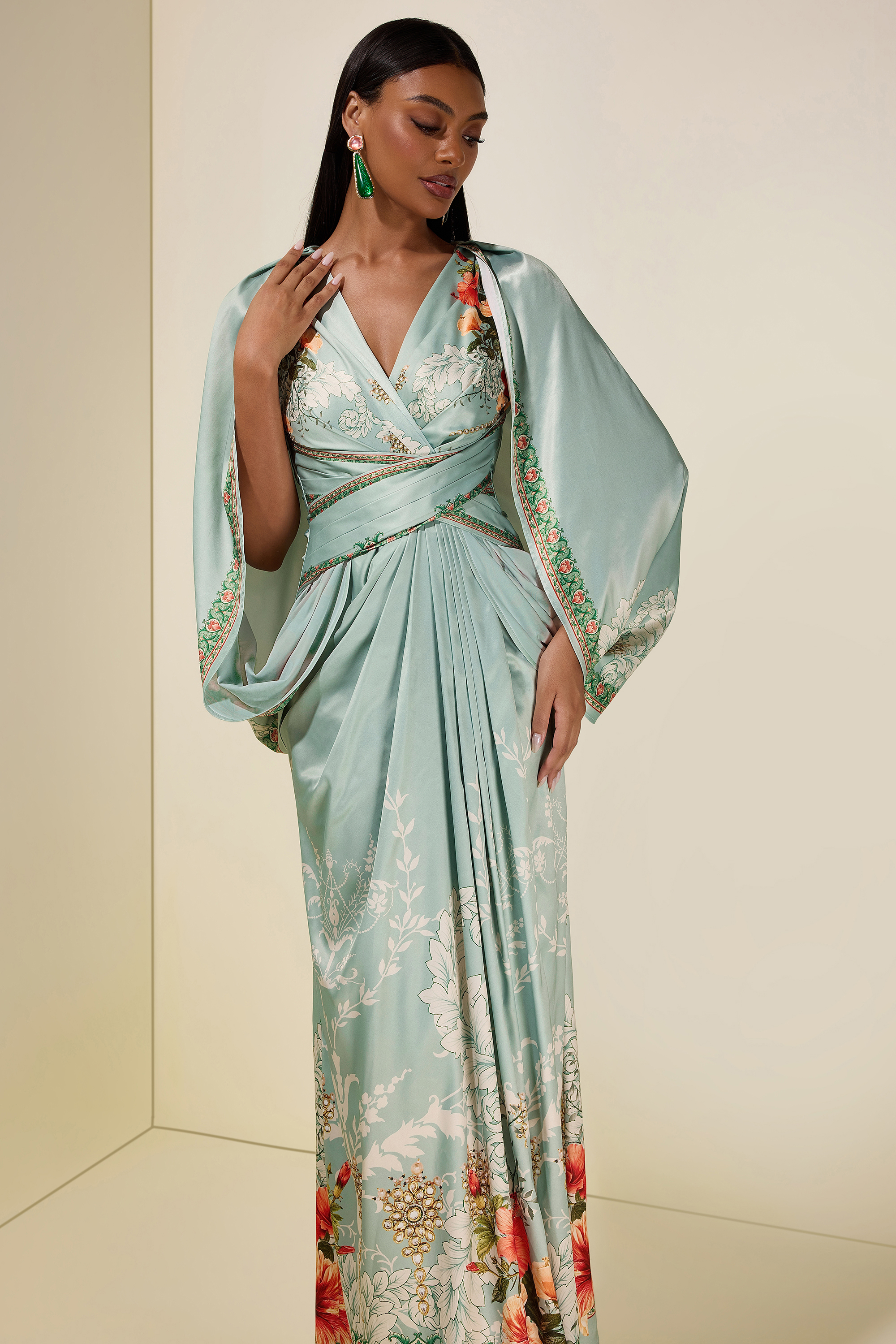 Floral Cape Sleeve Pleated Maxi Dress