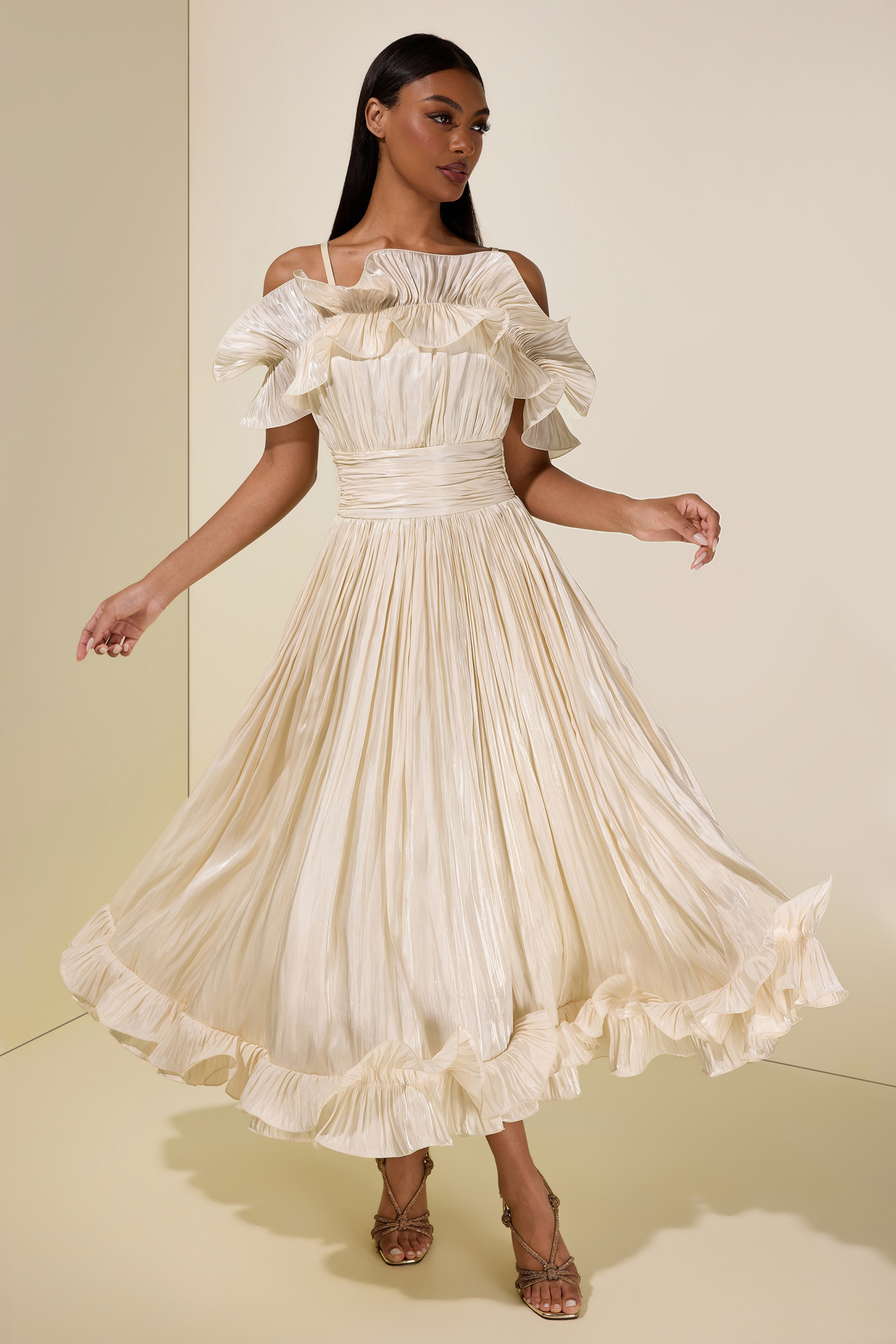 Ruffle Gathering Off Shoulder Midi Dress