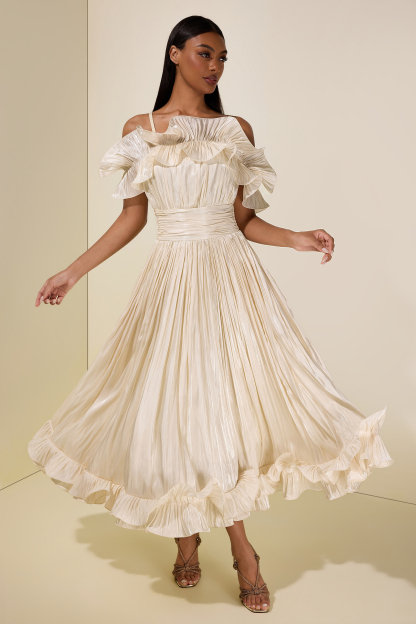 Ruffle Gathering Off Shoulder Midi Dress