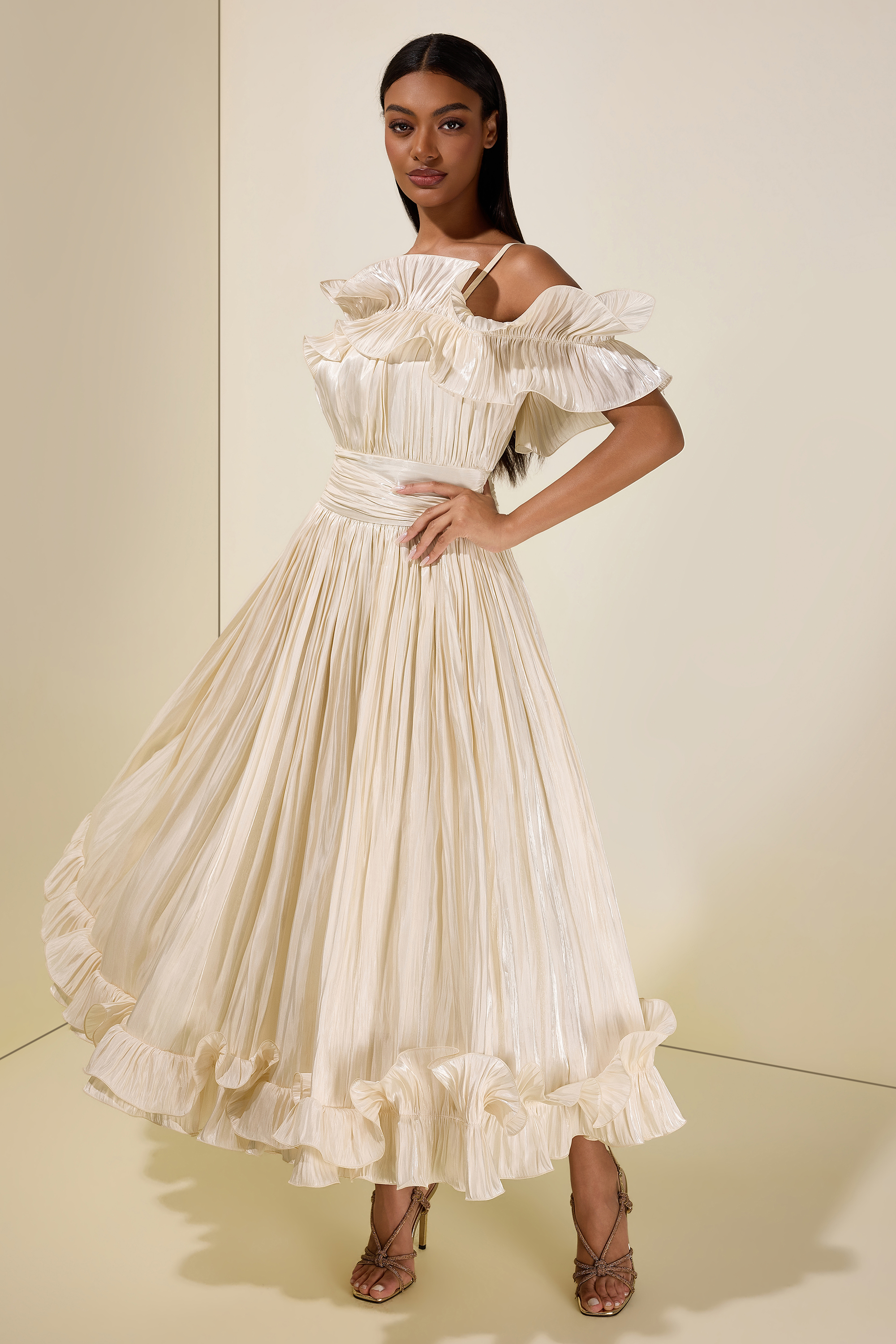 Ruffle Gathering Off Shoulder Midi Dress