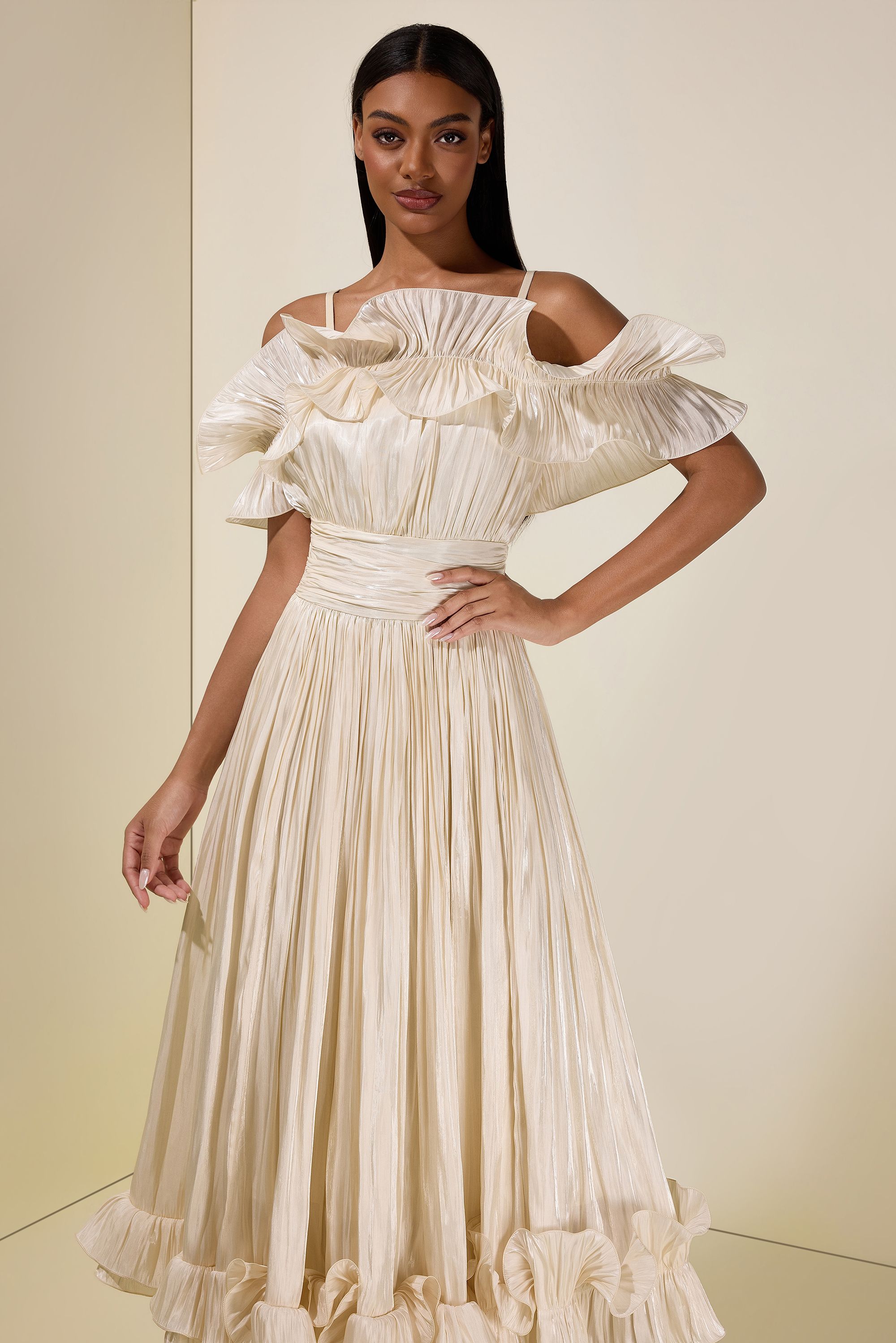 Ruffle Gathering Off Shoulder Midi Dress