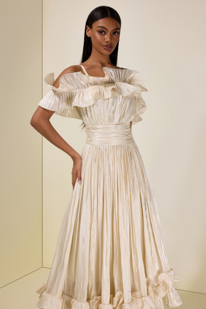Ruffle Gathering Off Shoulder Midi Dress