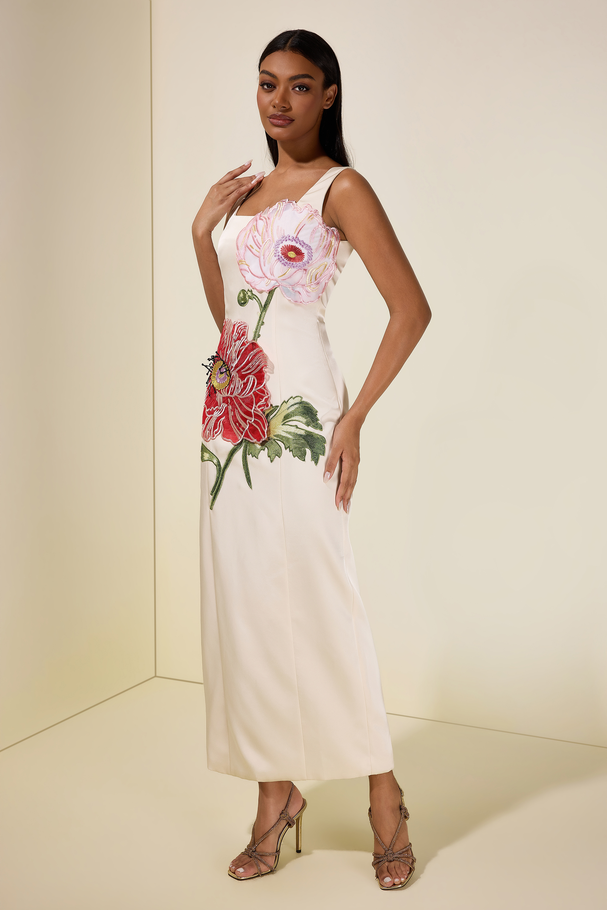Satin Embroidered Square Collar Maxi Dress