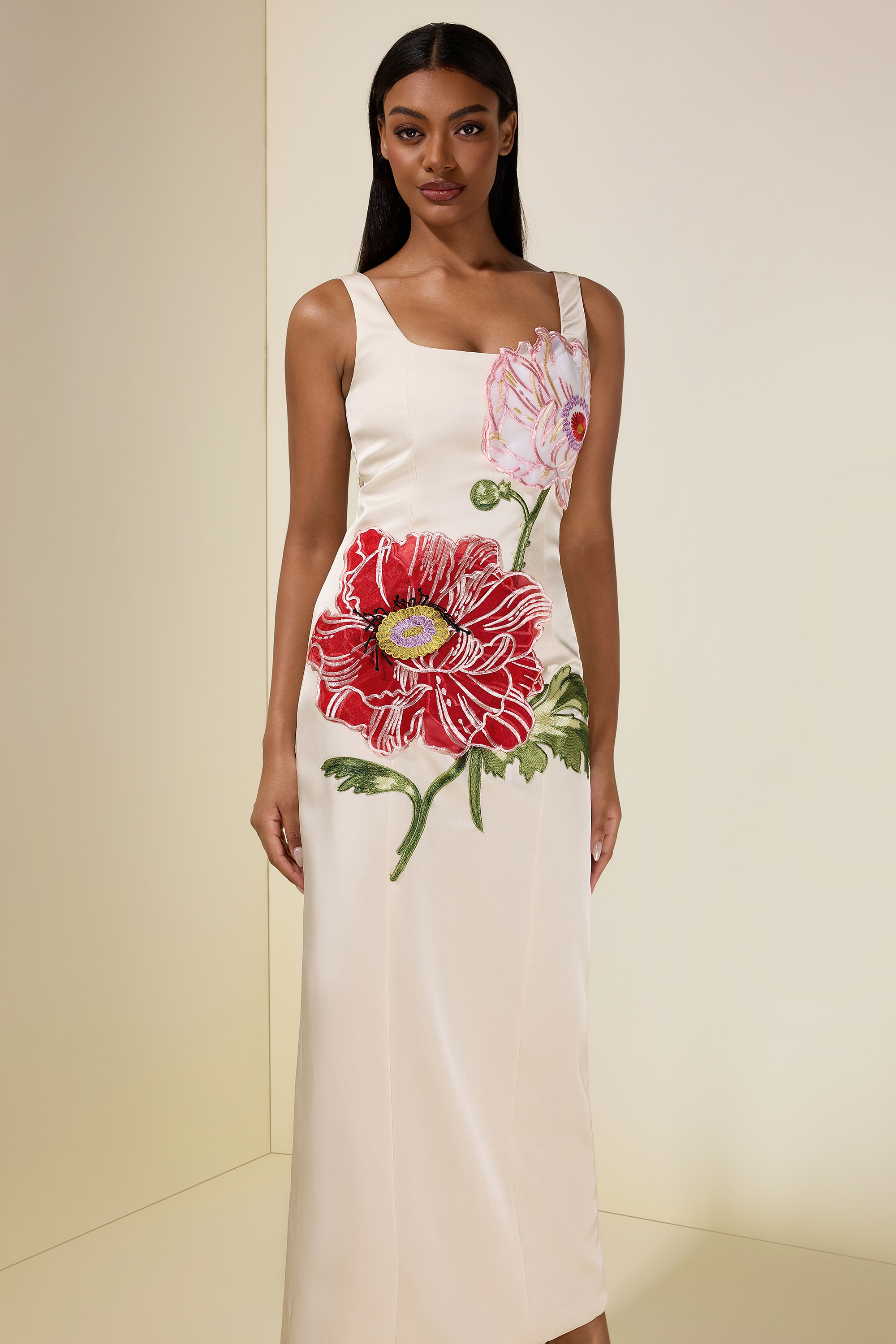 Satin Embroidered Square Collar Maxi Dress
