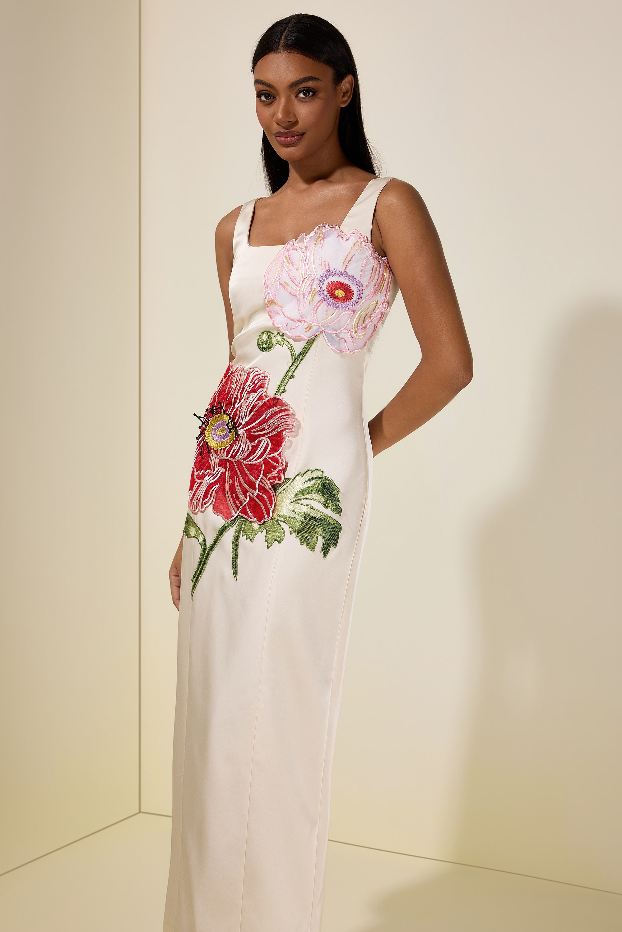 Satin Embroidered Square Collar Maxi Dress