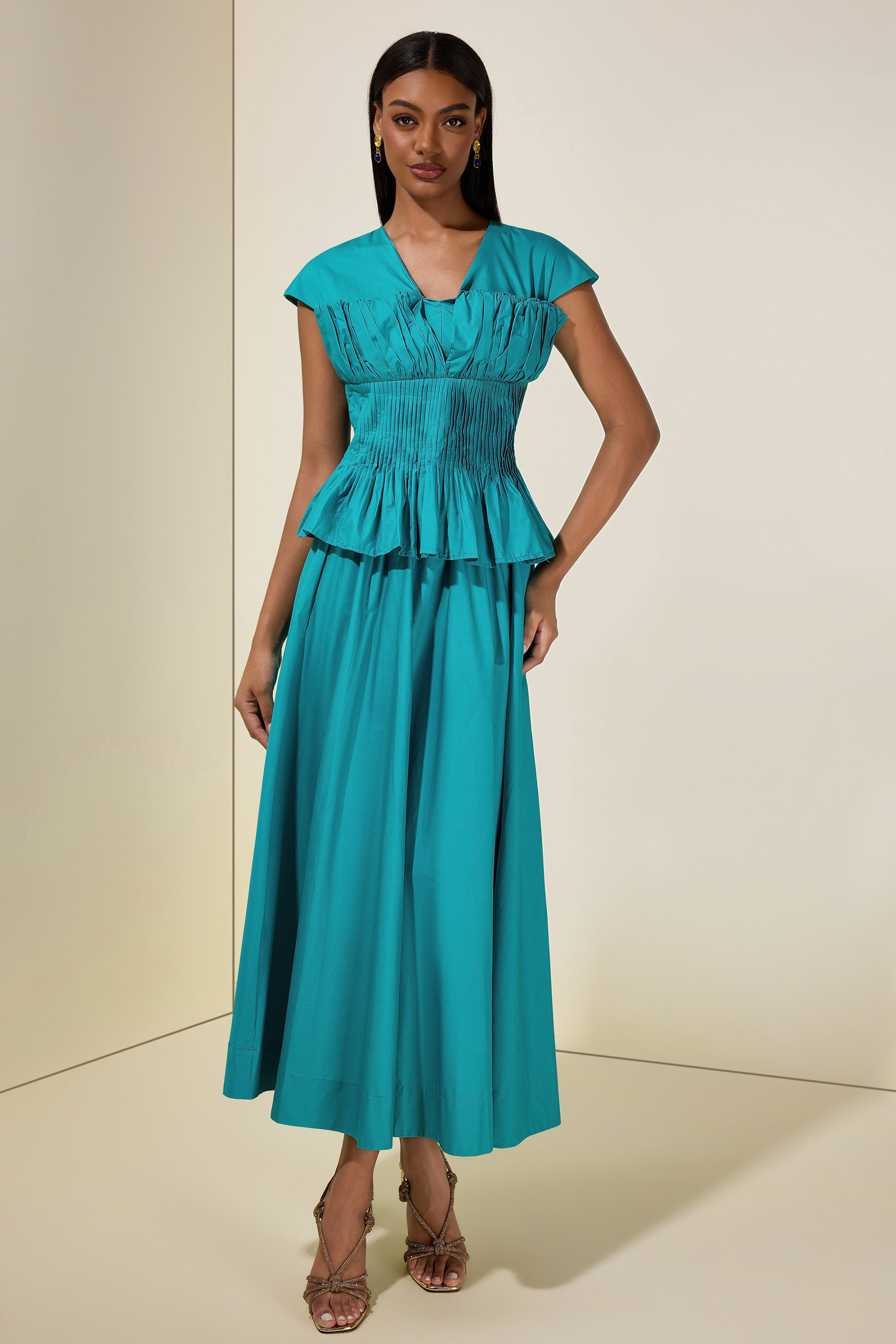 Solid V-Neck Pleated Top & High Waist Midi Skirt Set