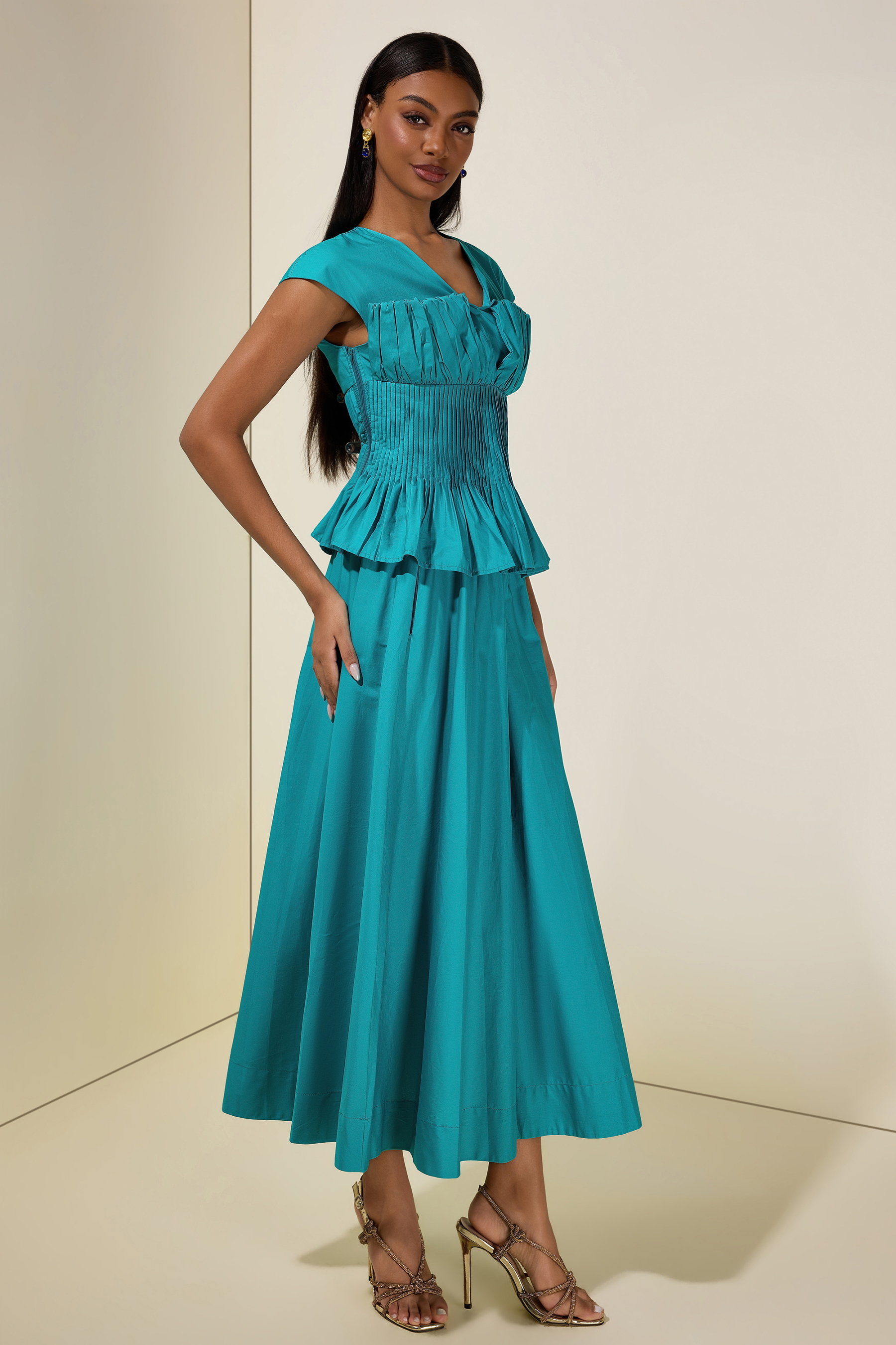 Solid V-Neck Pleated Top & High Waist Midi Skirt Set