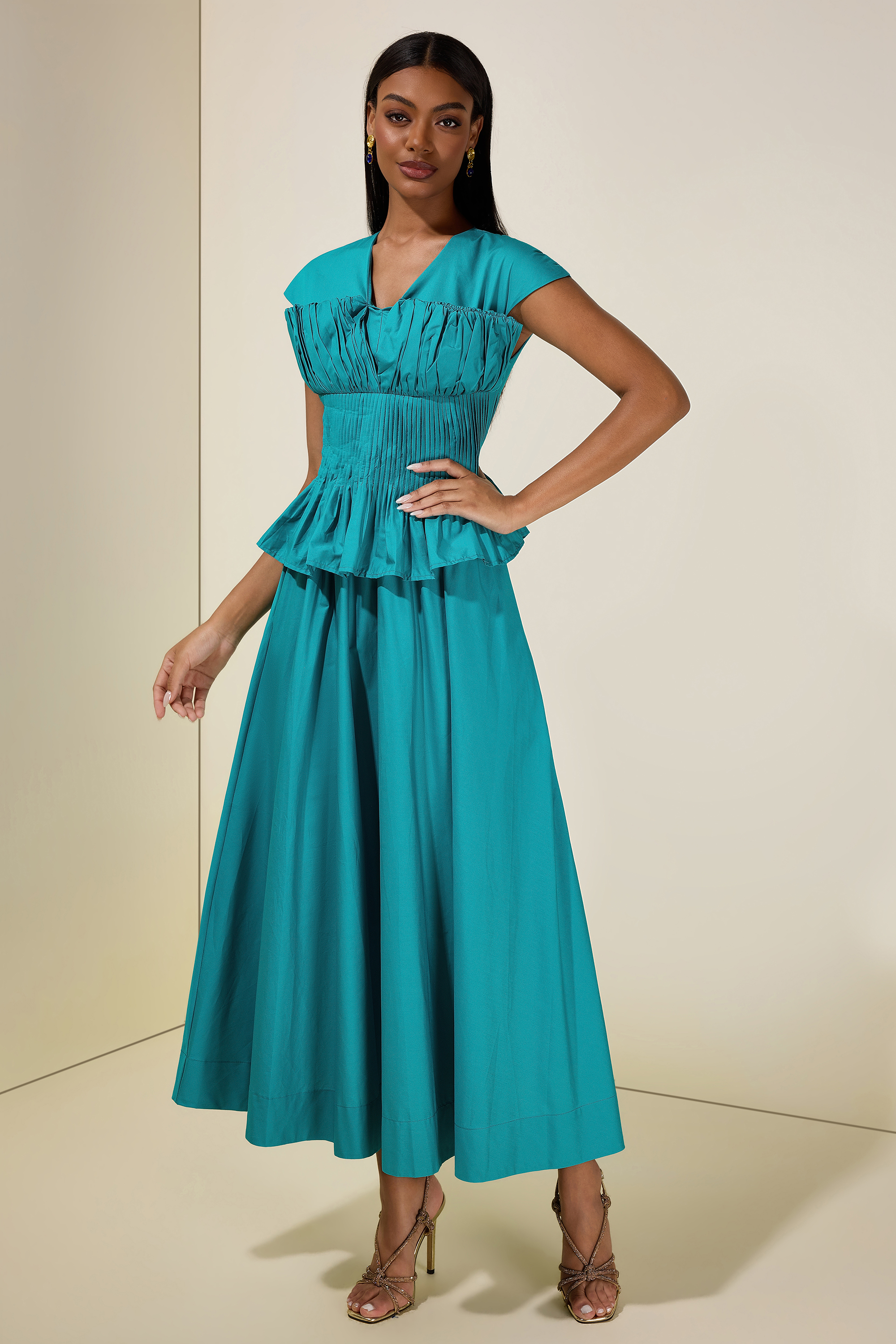 Solid V-Neck Pleated Top & High Waist Midi Skirt Set