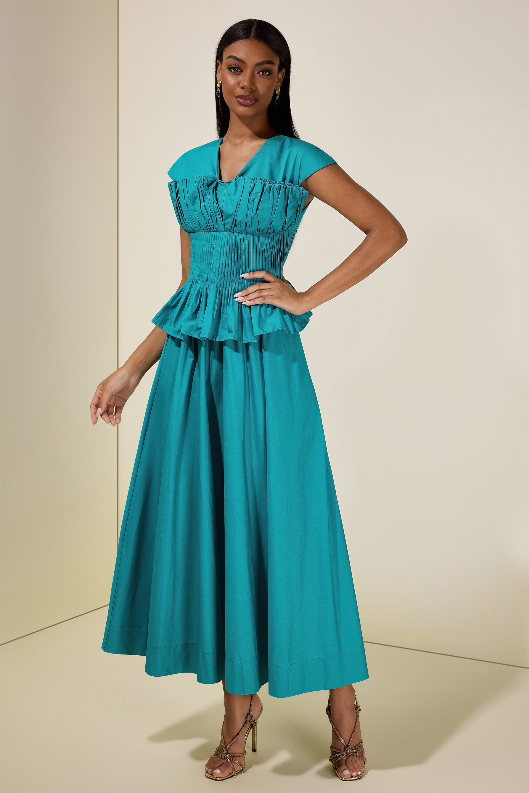 Solid V-Neck Pleated Top & High Waist Midi Skirt Set