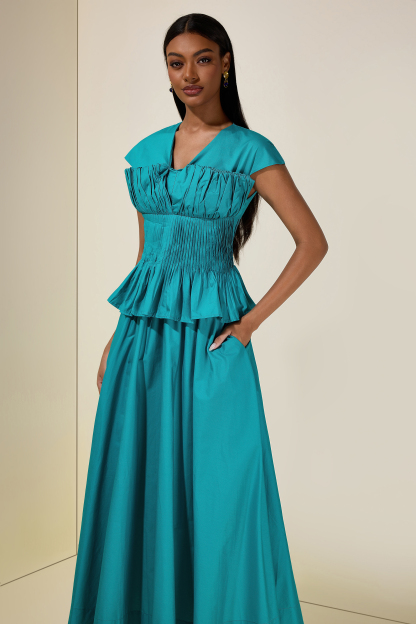 Solid V-Neck Pleated Top & High Waist Midi Skirt Set