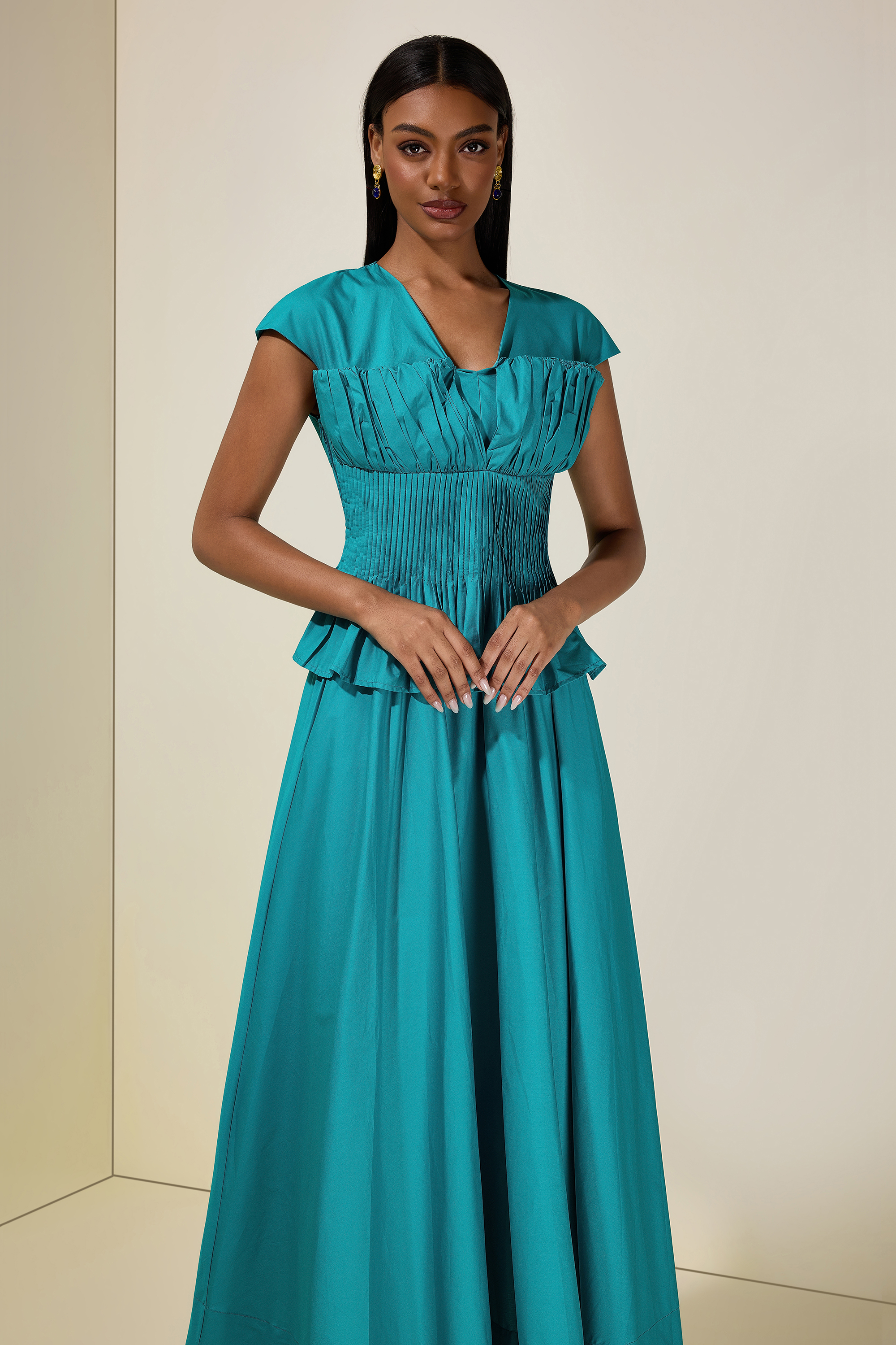 Solid V-Neck Pleated Top & High Waist Midi Skirt Set