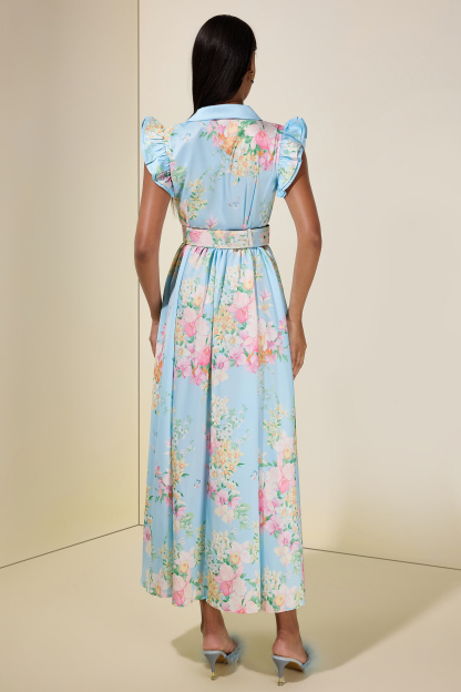 Floral Frill Midi Dress With Belt