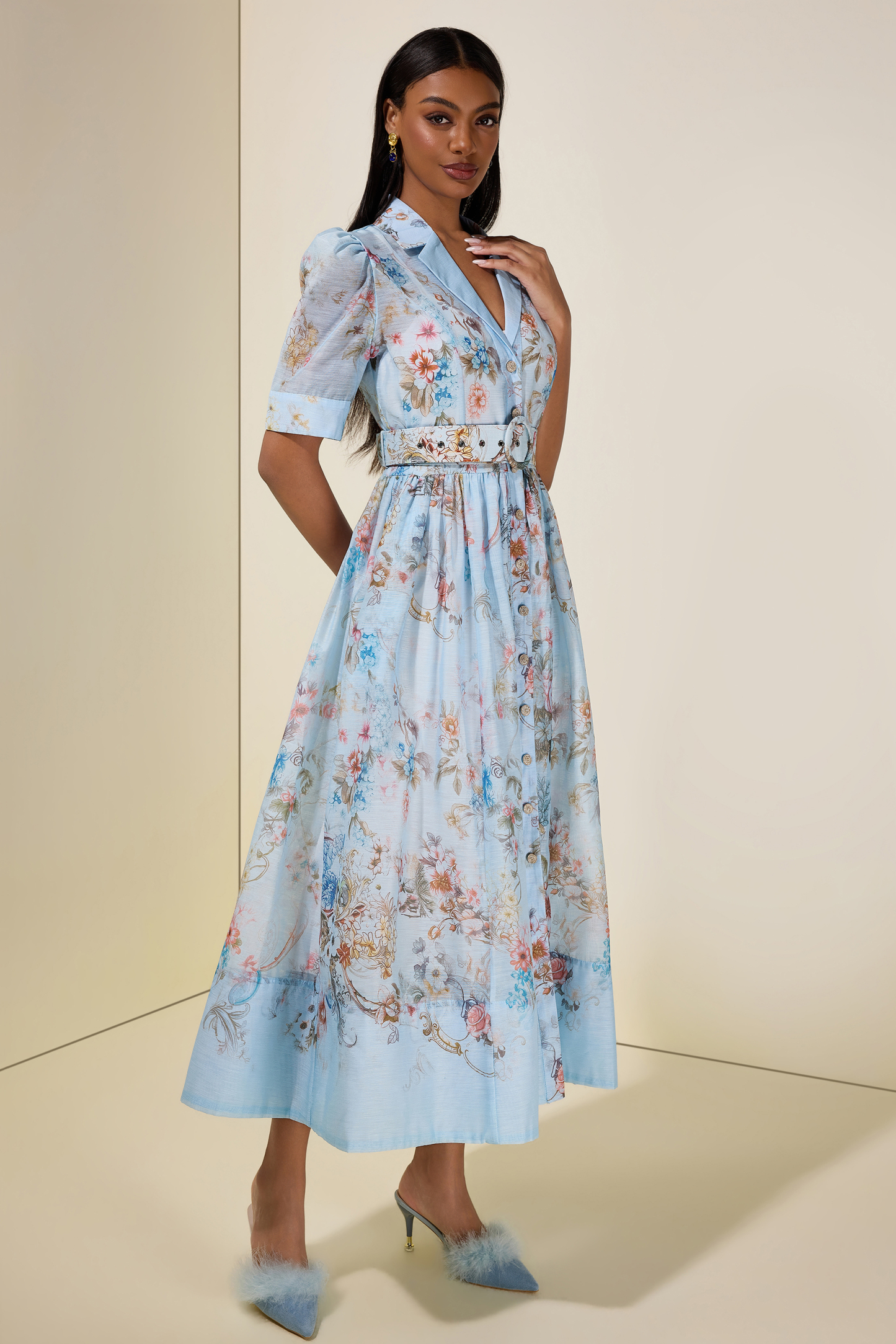 Floral Flapped Midi Dress With Belt