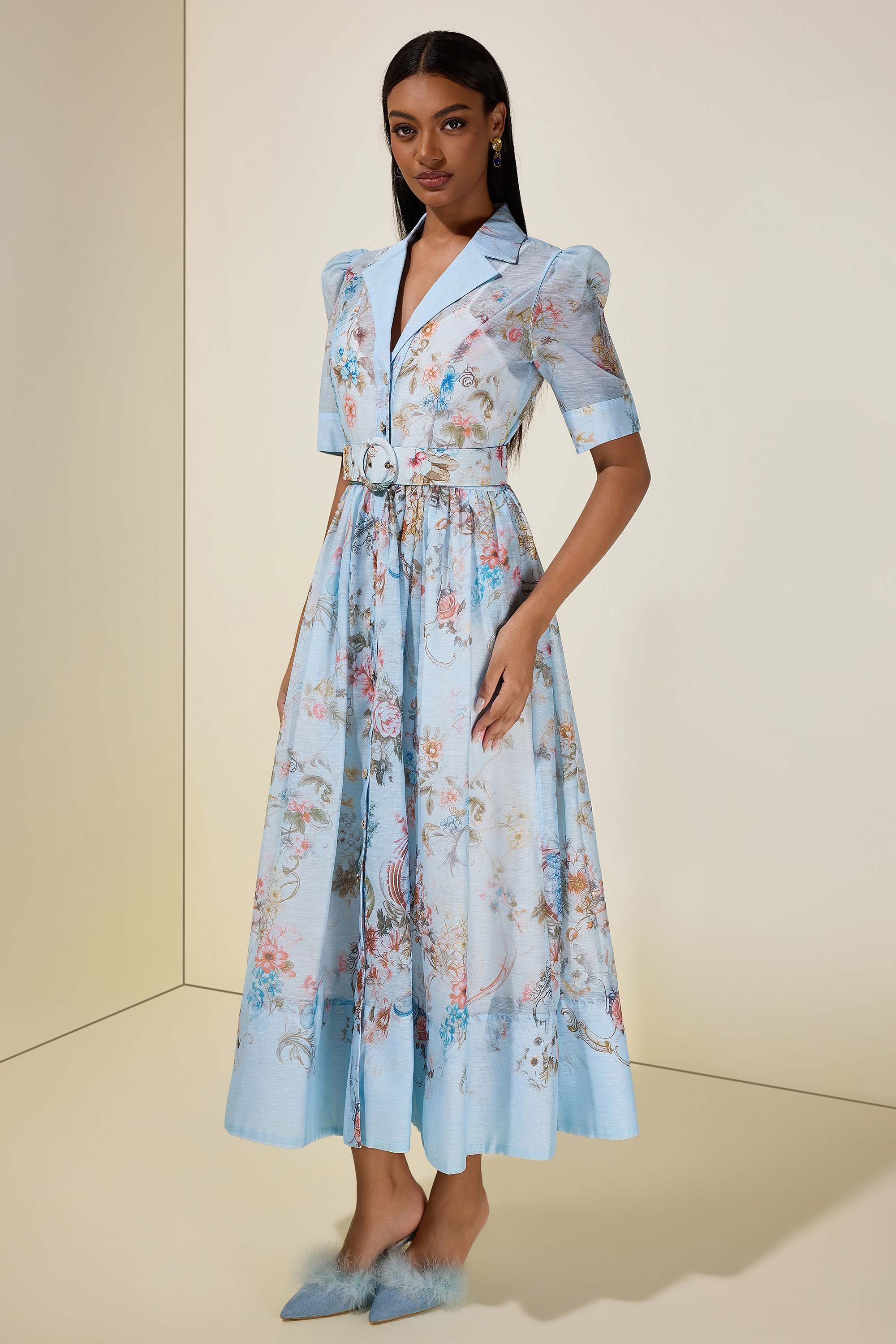 Floral Flapped Midi Dress With Belt