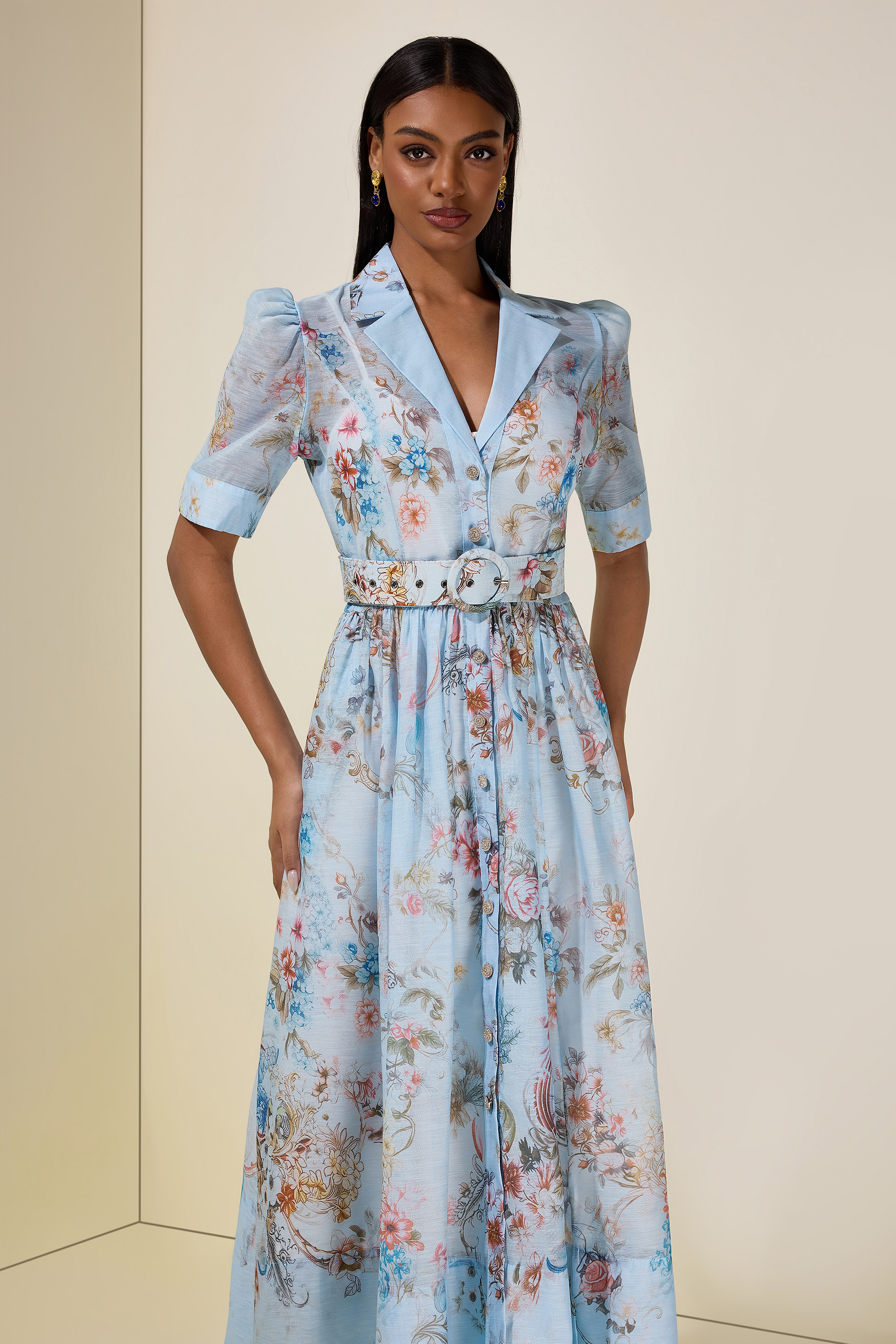 Floral Flapped Midi Dress With Belt