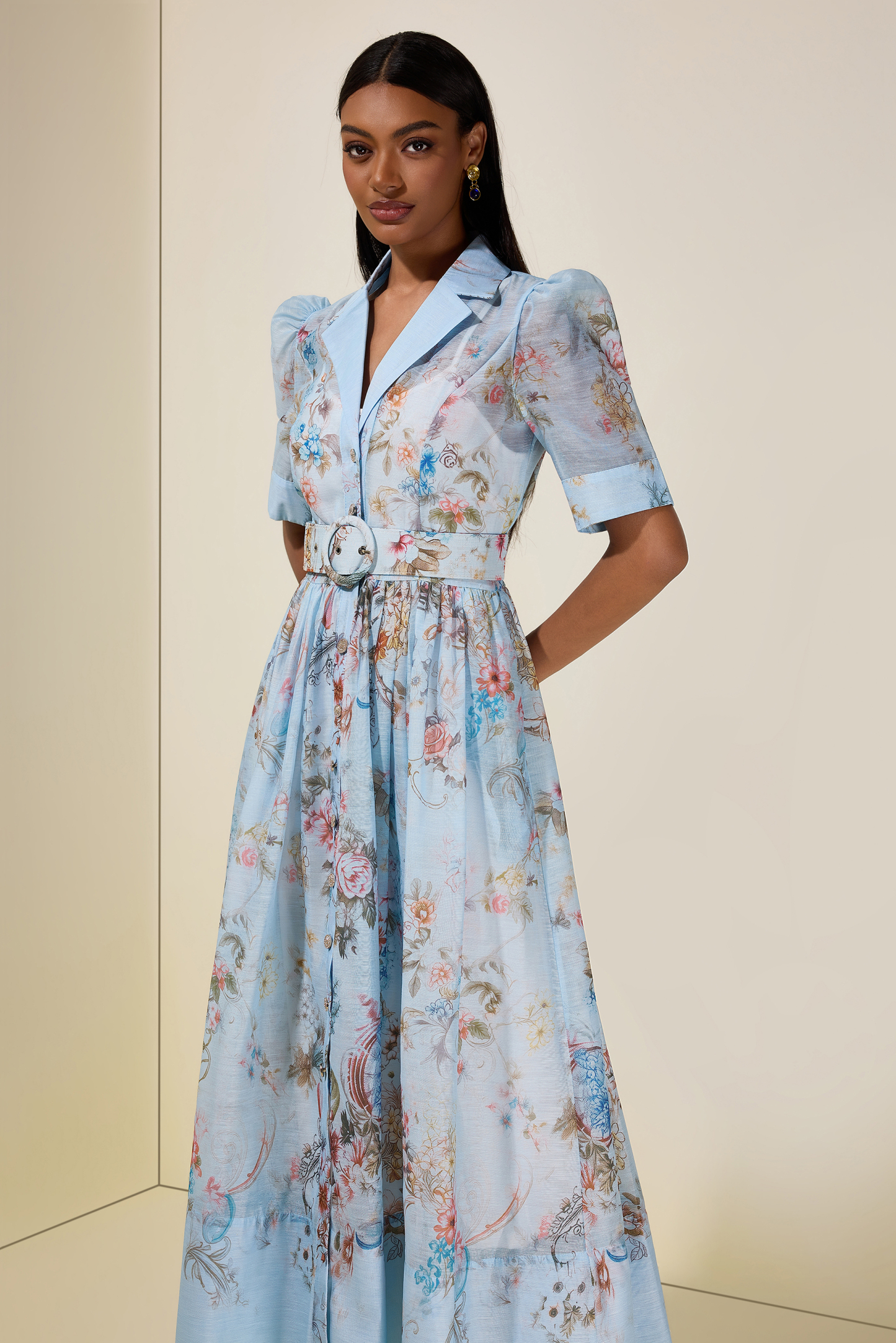 Floral Flapped Midi Dress With Belt