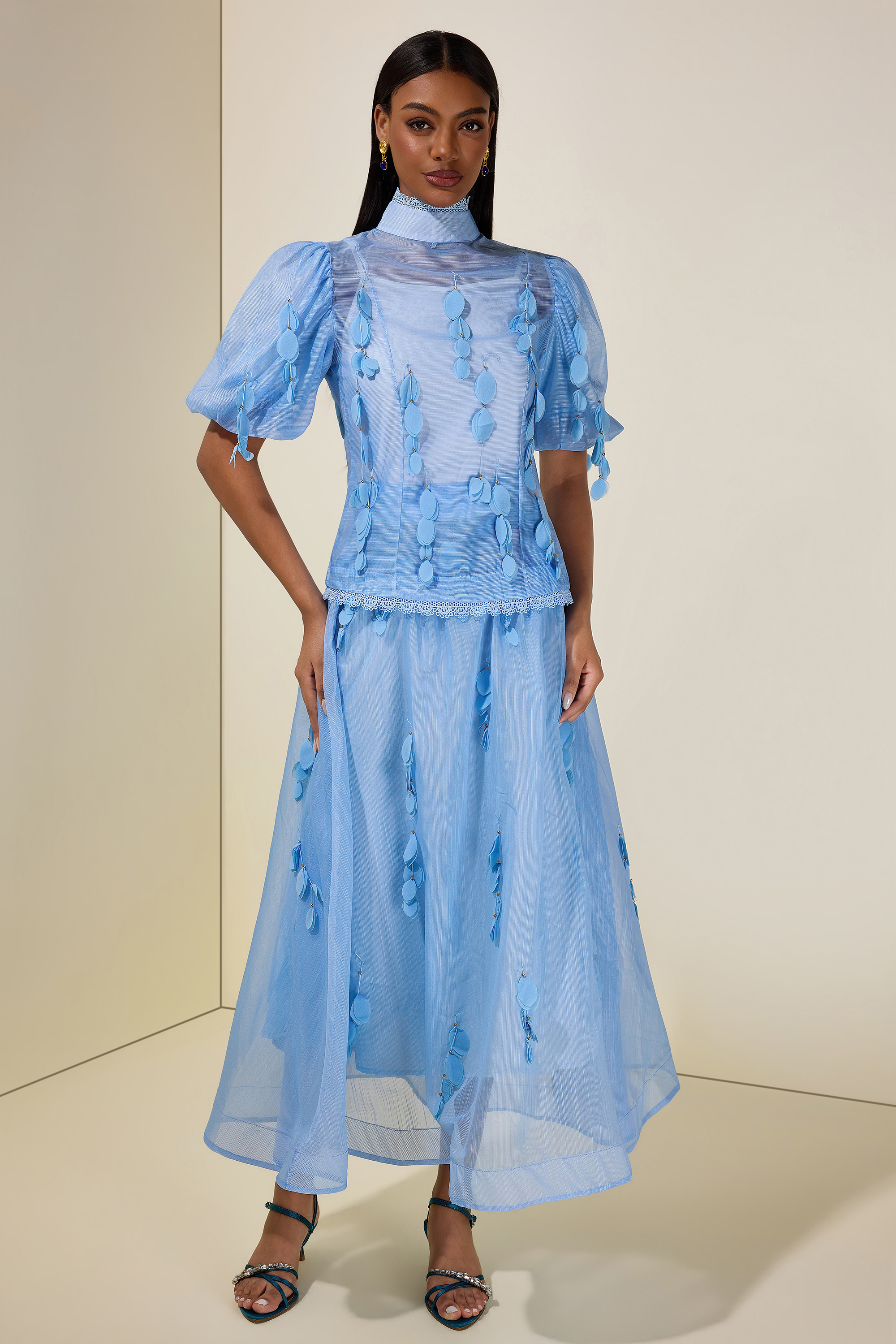 Organza Lace Beaded Top & High Waist Maxi Skirt Set