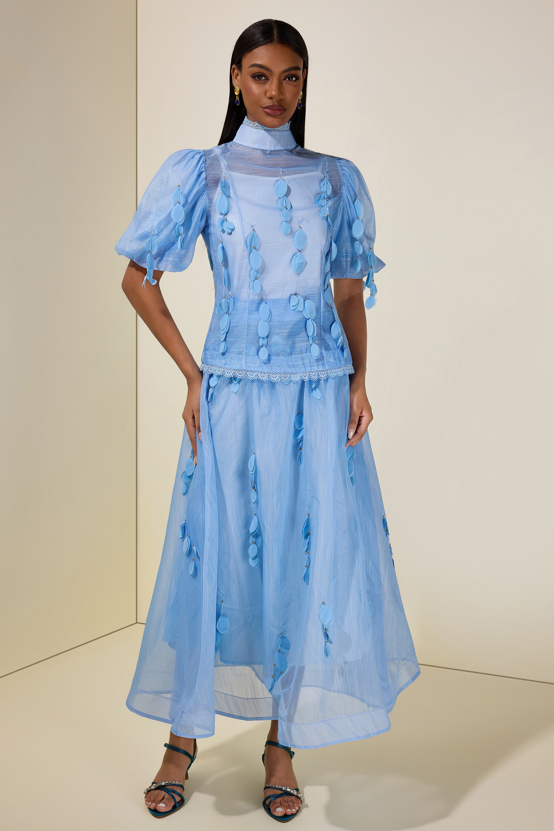 Organza Lace Beaded Top & High Waist Maxi Skirt Set
