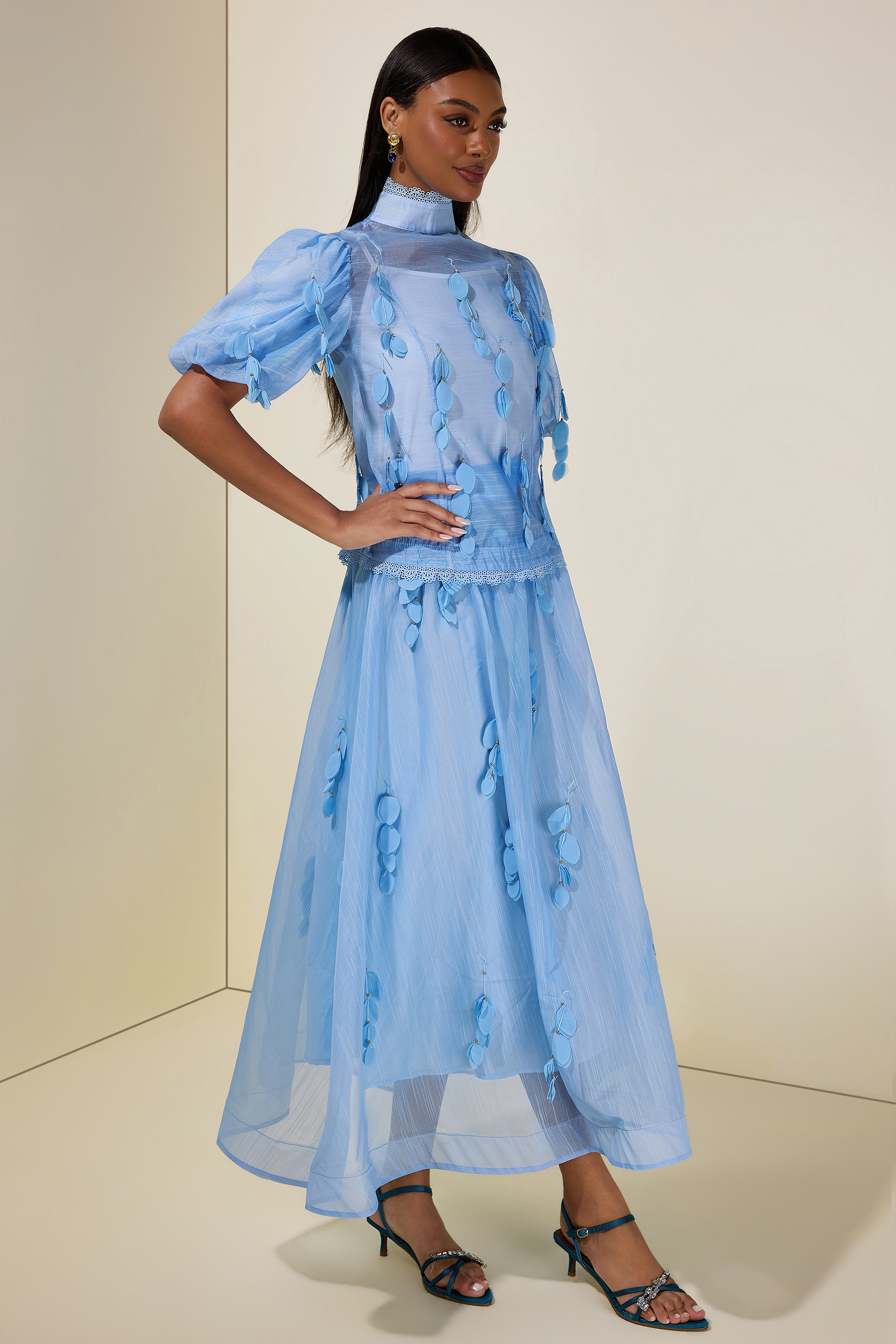 Organza Lace Beaded Top & High Waist Maxi Skirt Set