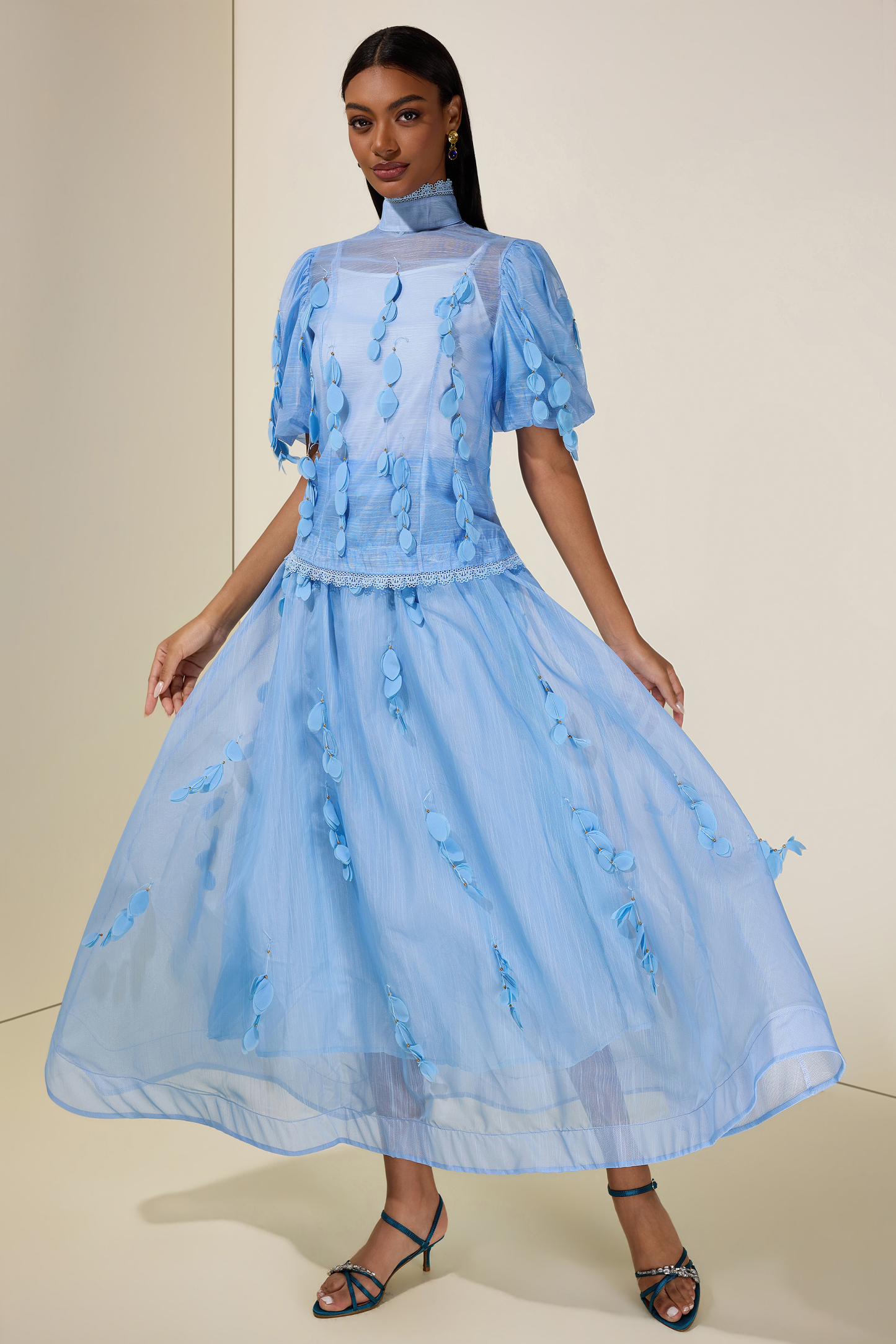 Organza Lace Beaded Top & High Waist Maxi Skirt Set