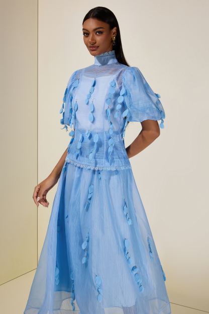 Organza Lace Beaded Top & High Waist Maxi Skirt Set