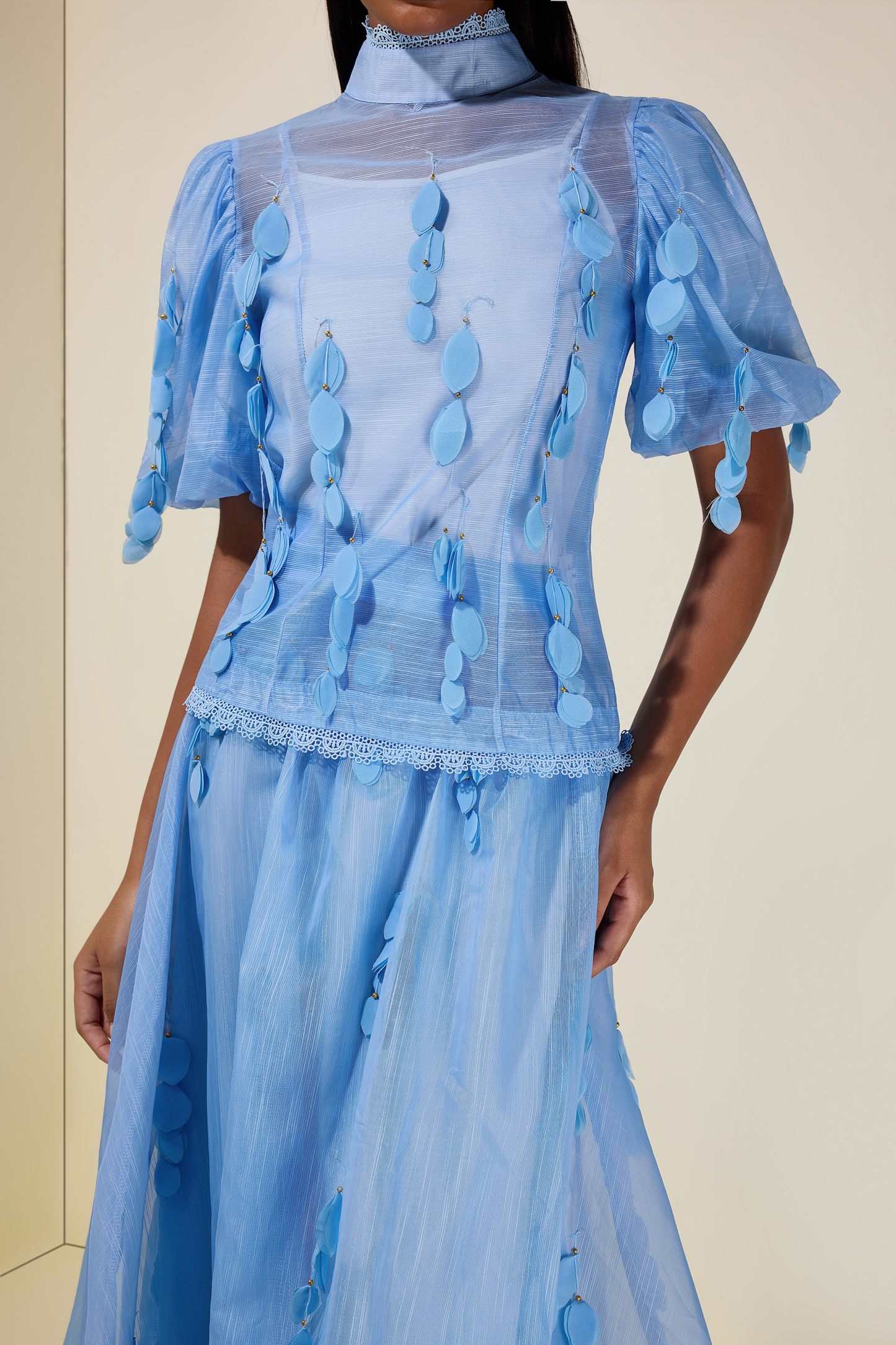 Organza Lace Beaded Top & High Waist Maxi Skirt Set