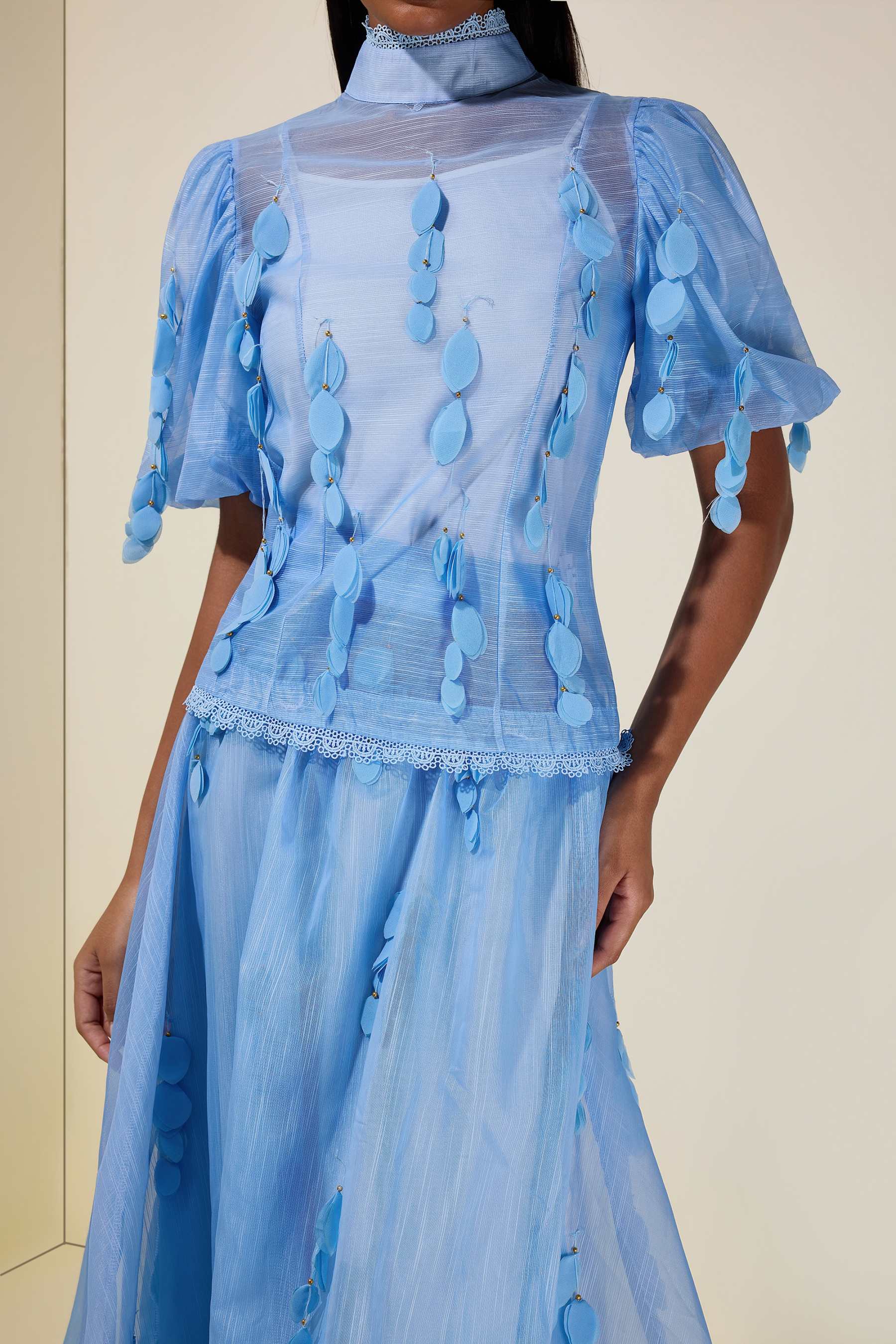 Organza Lace Beaded Top & High Waist Maxi Skirt Set