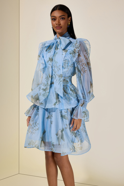 Bird Print Ruffle Lace-Up Mini Dress
