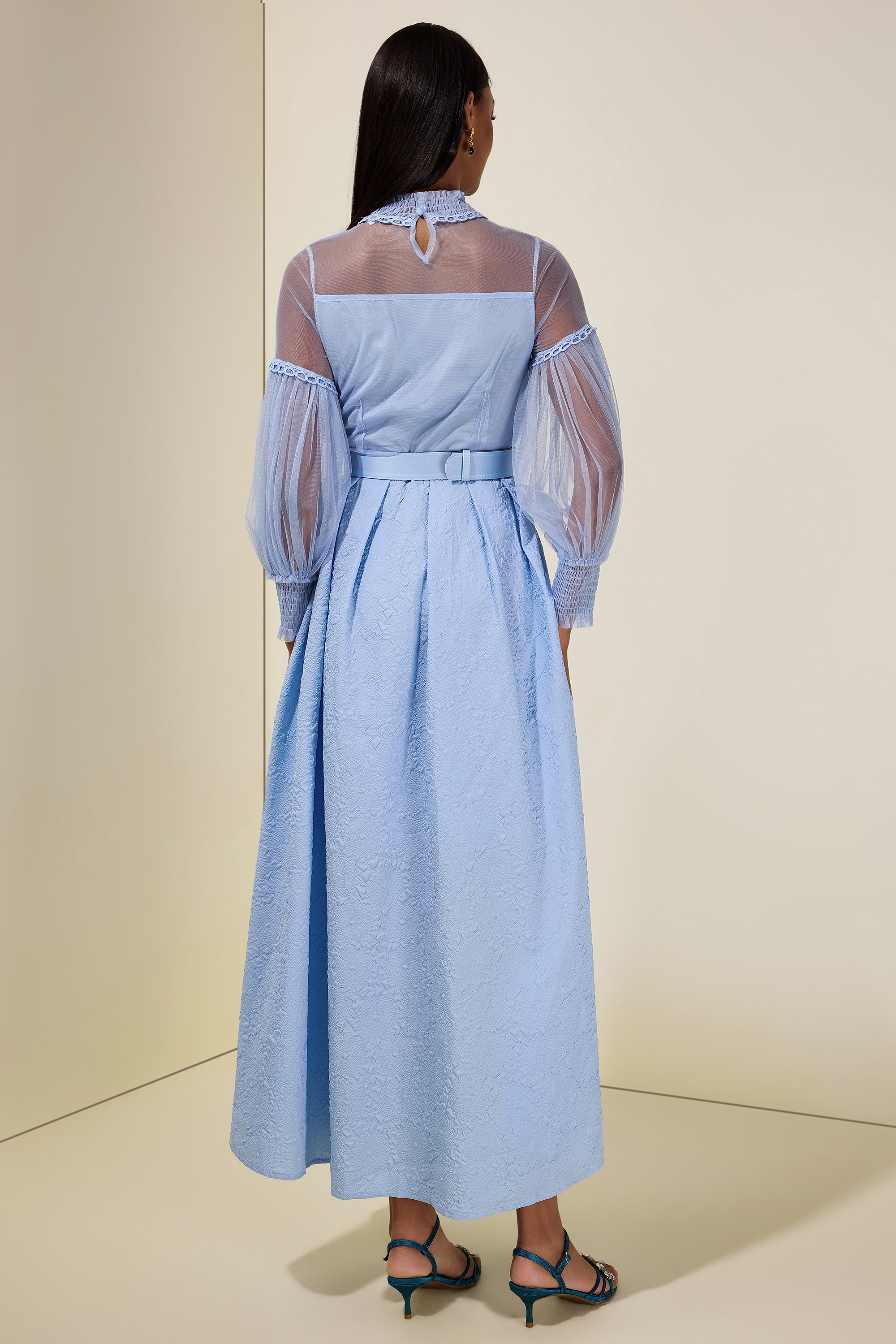 Nail Bead Embroidery Jacquard Maxi Dress With Belt