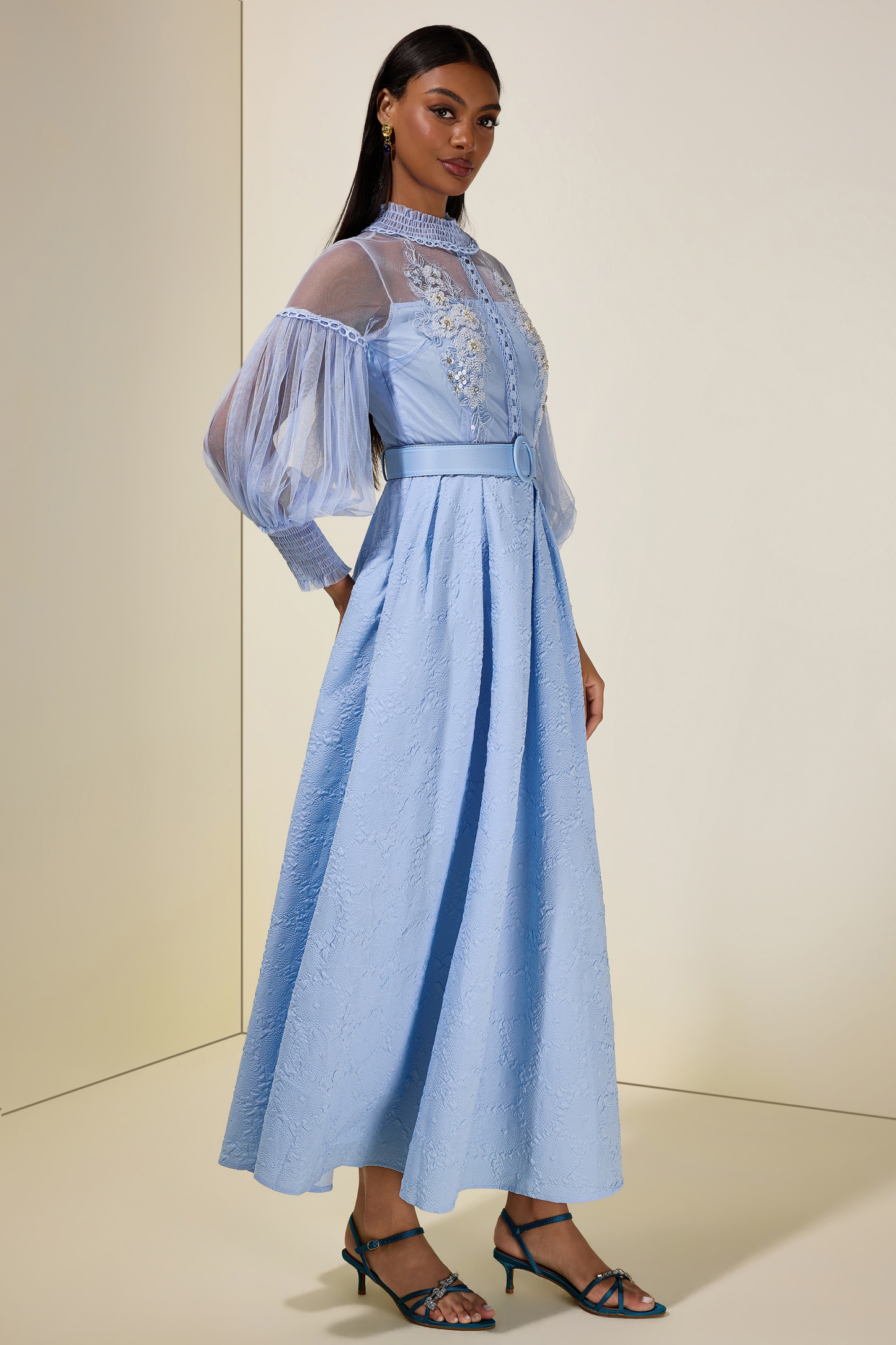 Nail Bead Embroidery Jacquard Maxi Dress With Belt