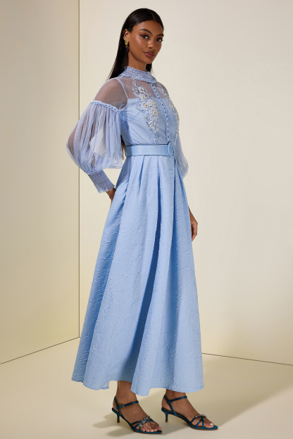 Nail Bead Embroidery Jacquard Maxi Dress With Belt