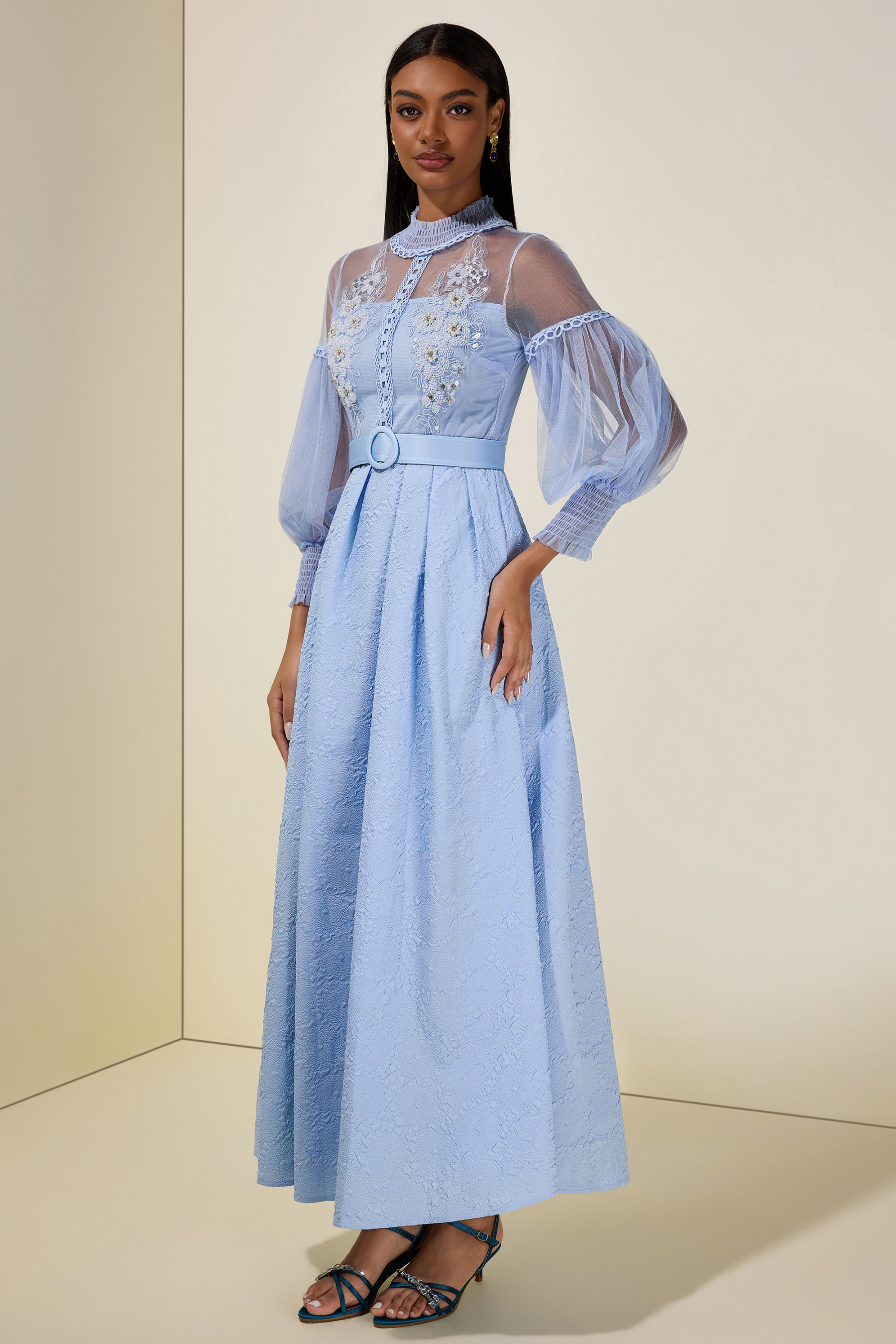 Nail Bead Embroidery Jacquard Maxi Dress With Belt