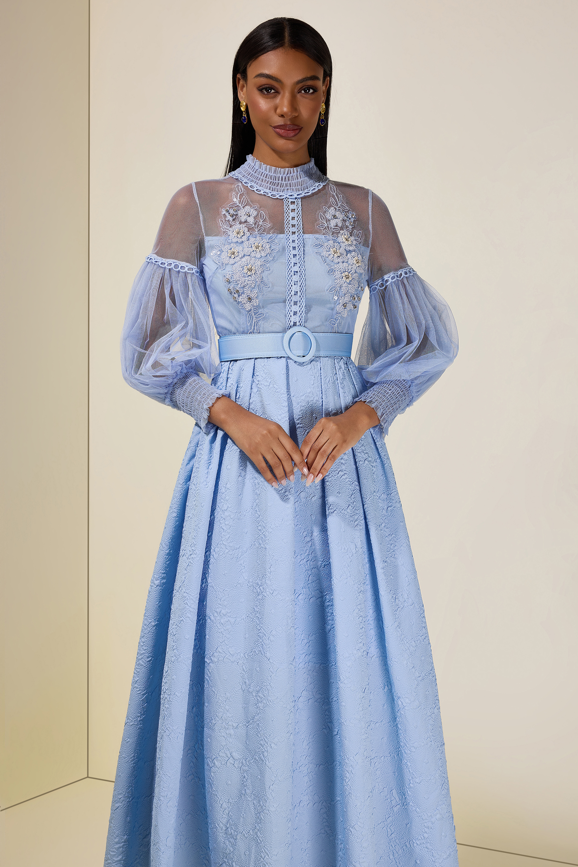 Nail Bead Embroidery Jacquard Maxi Dress With Belt