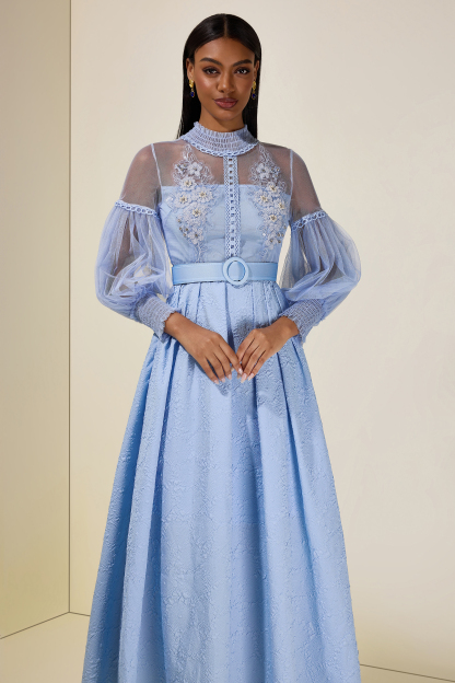 Nail Bead Embroidery Jacquard Maxi Dress With Belt