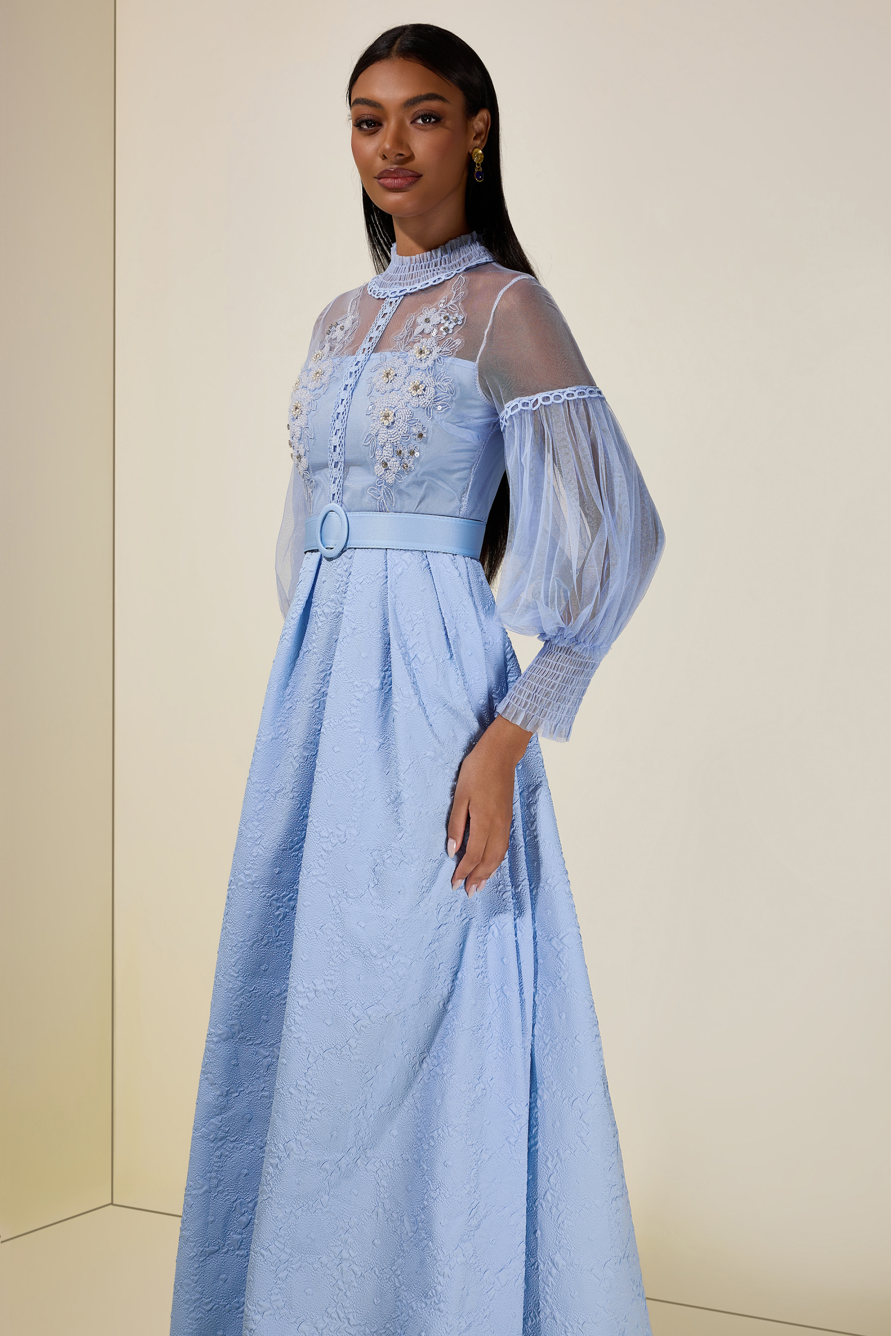 Nail Bead Embroidery Jacquard Maxi Dress With Belt