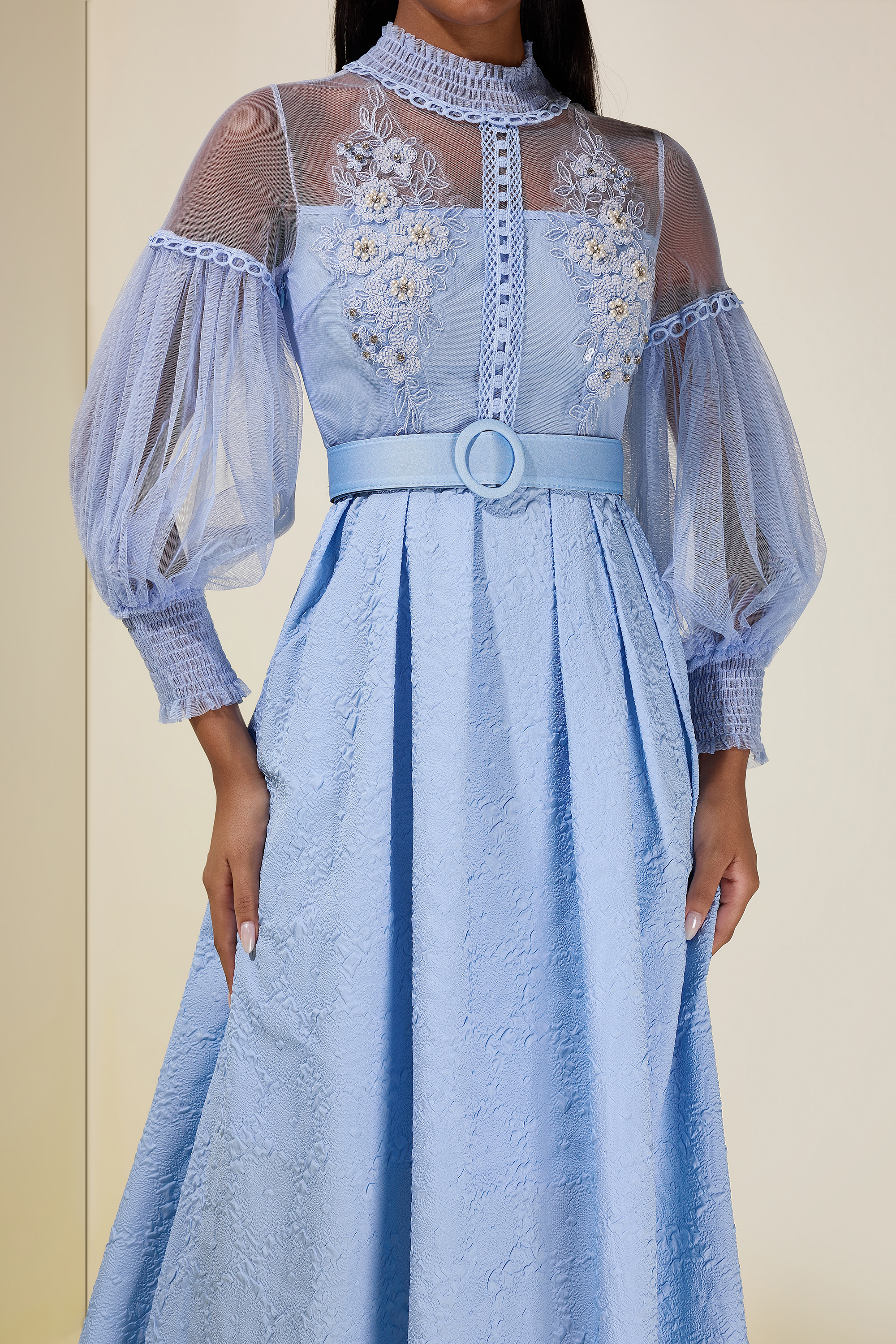 Nail Bead Embroidery Jacquard Maxi Dress With Belt