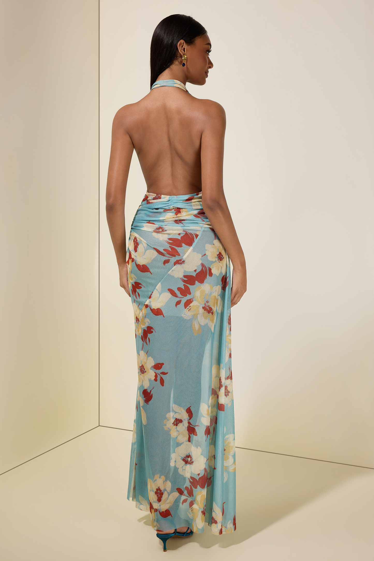 Mesh Floral Halter Neck Midi Dress