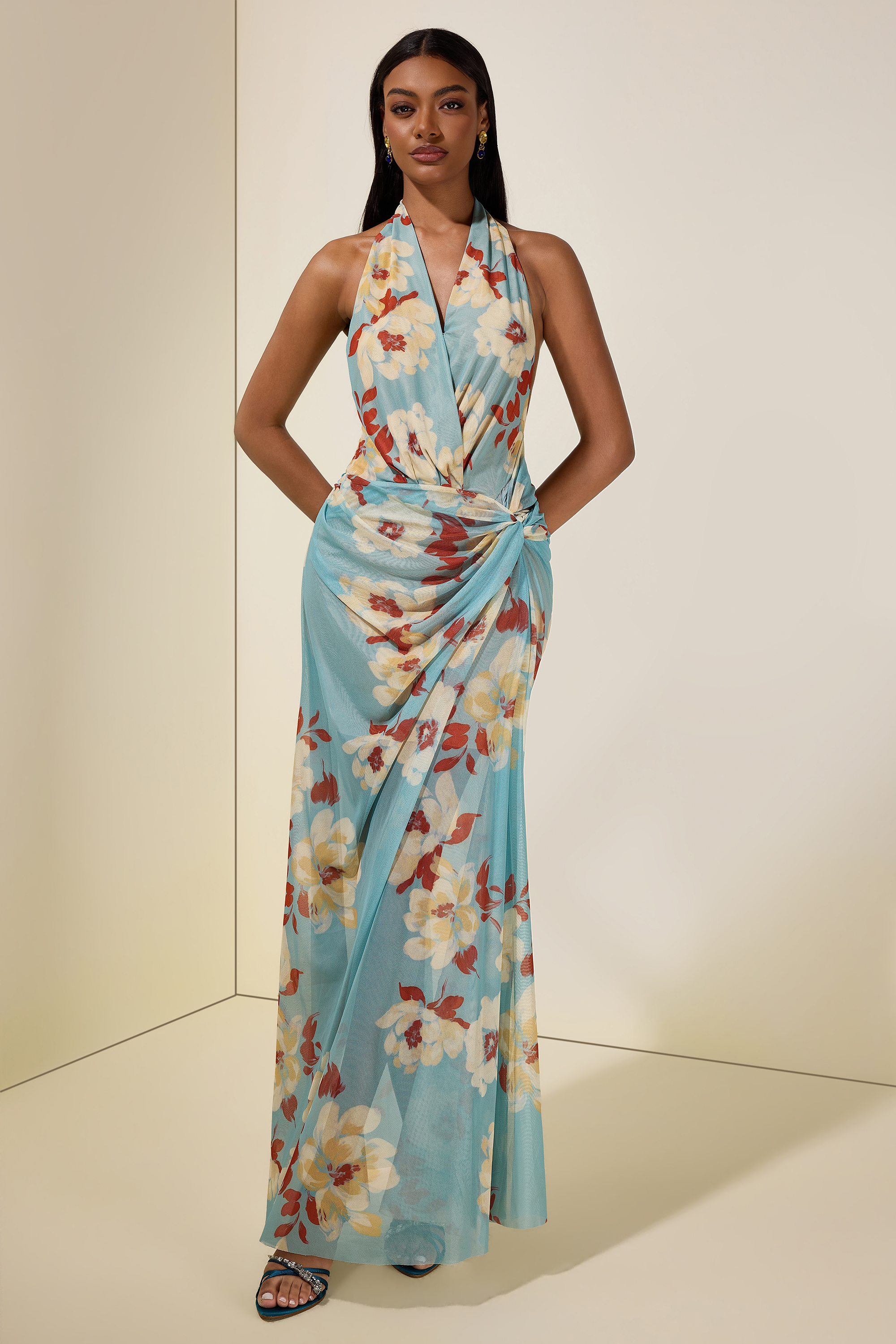 Mesh Floral Halter Neck Midi Dress