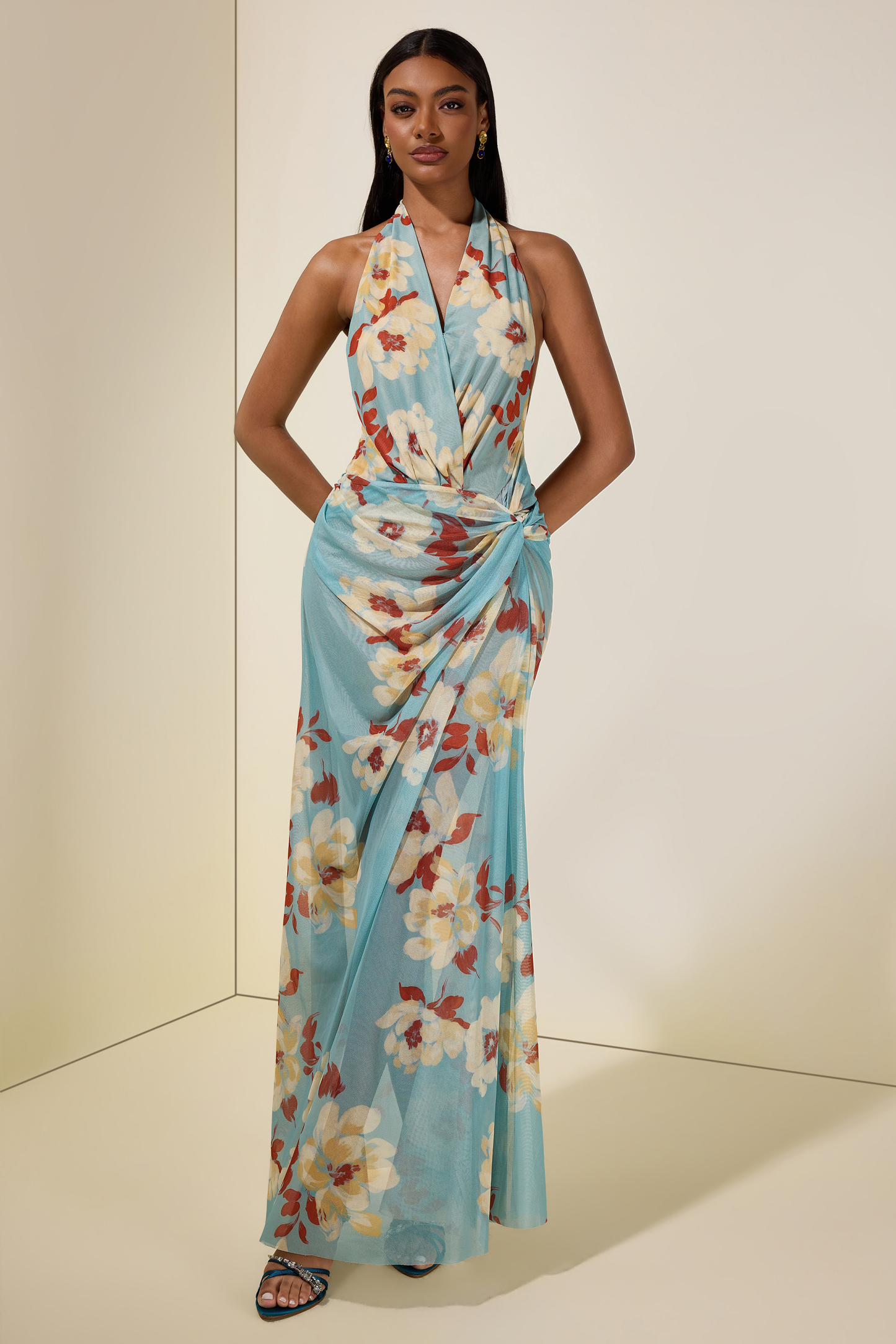 Mesh Floral Halter Neck Midi Dress