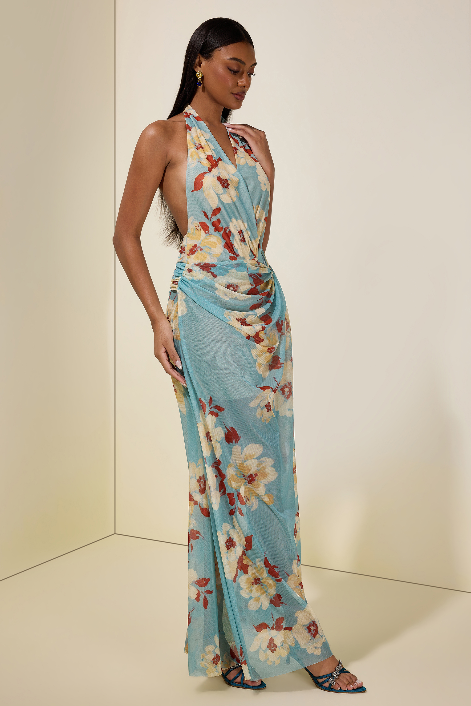 Mesh Floral Halter Neck Midi Dress