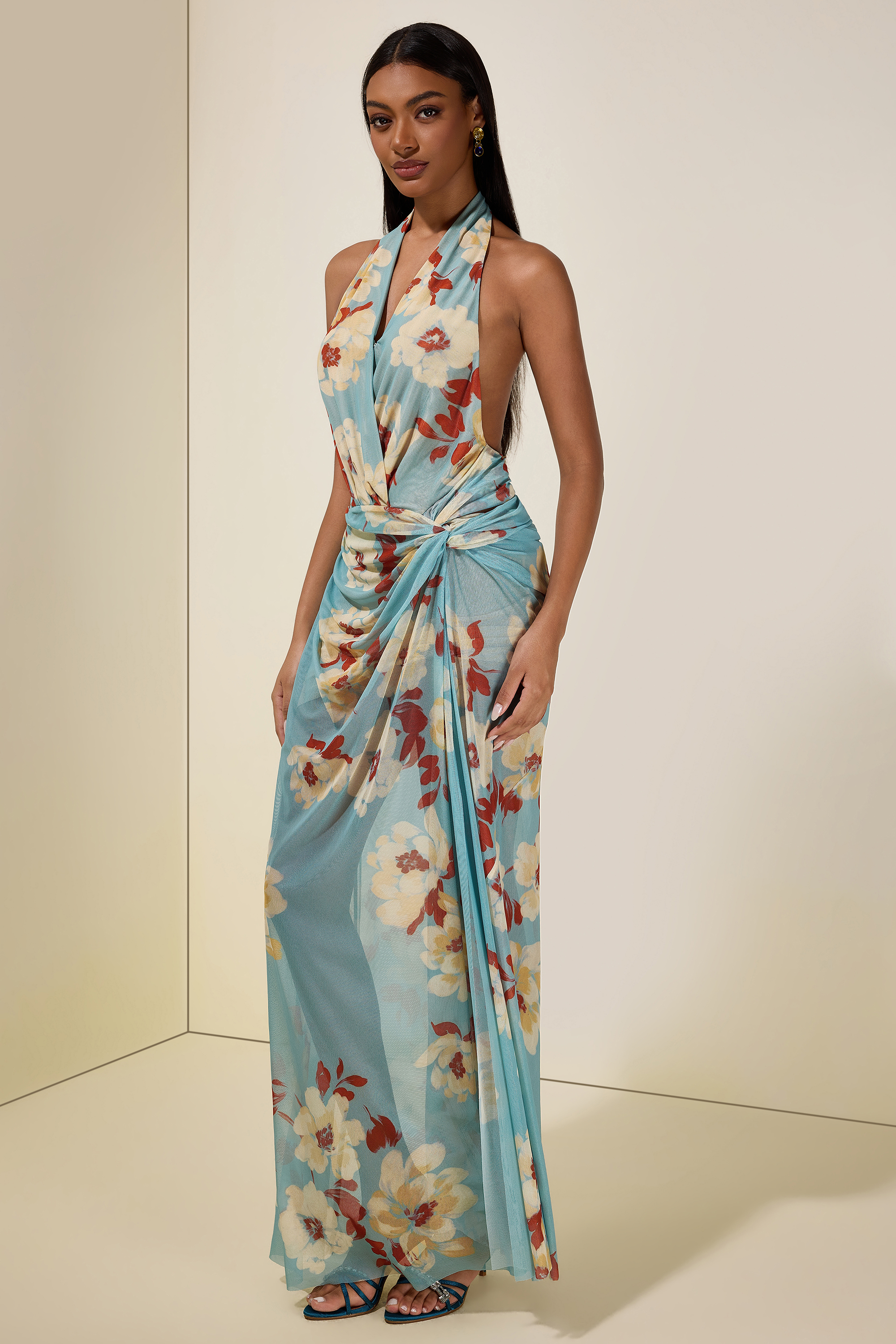 Mesh Floral Halter Neck Midi Dress