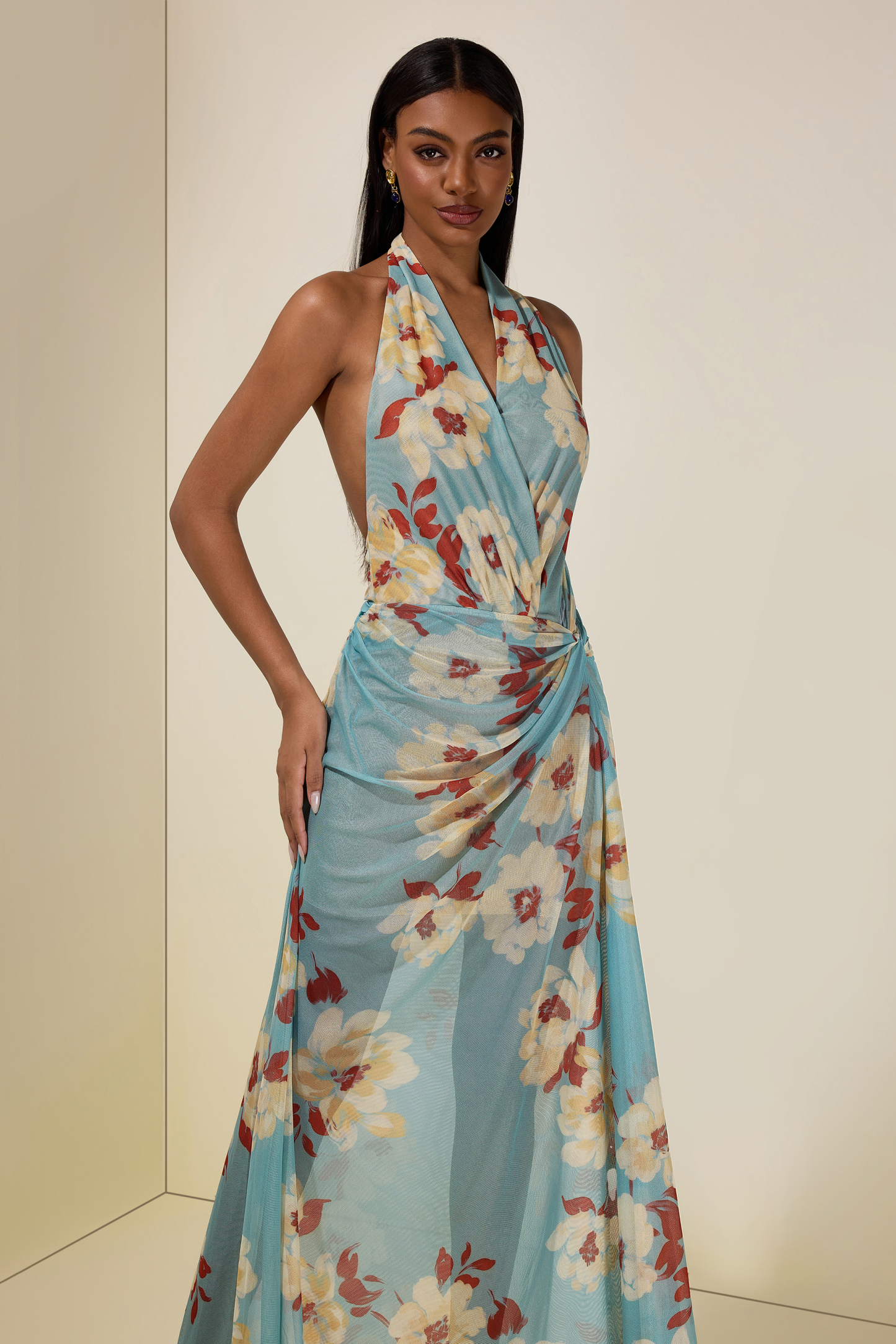 Mesh Floral Halter Neck Midi Dress