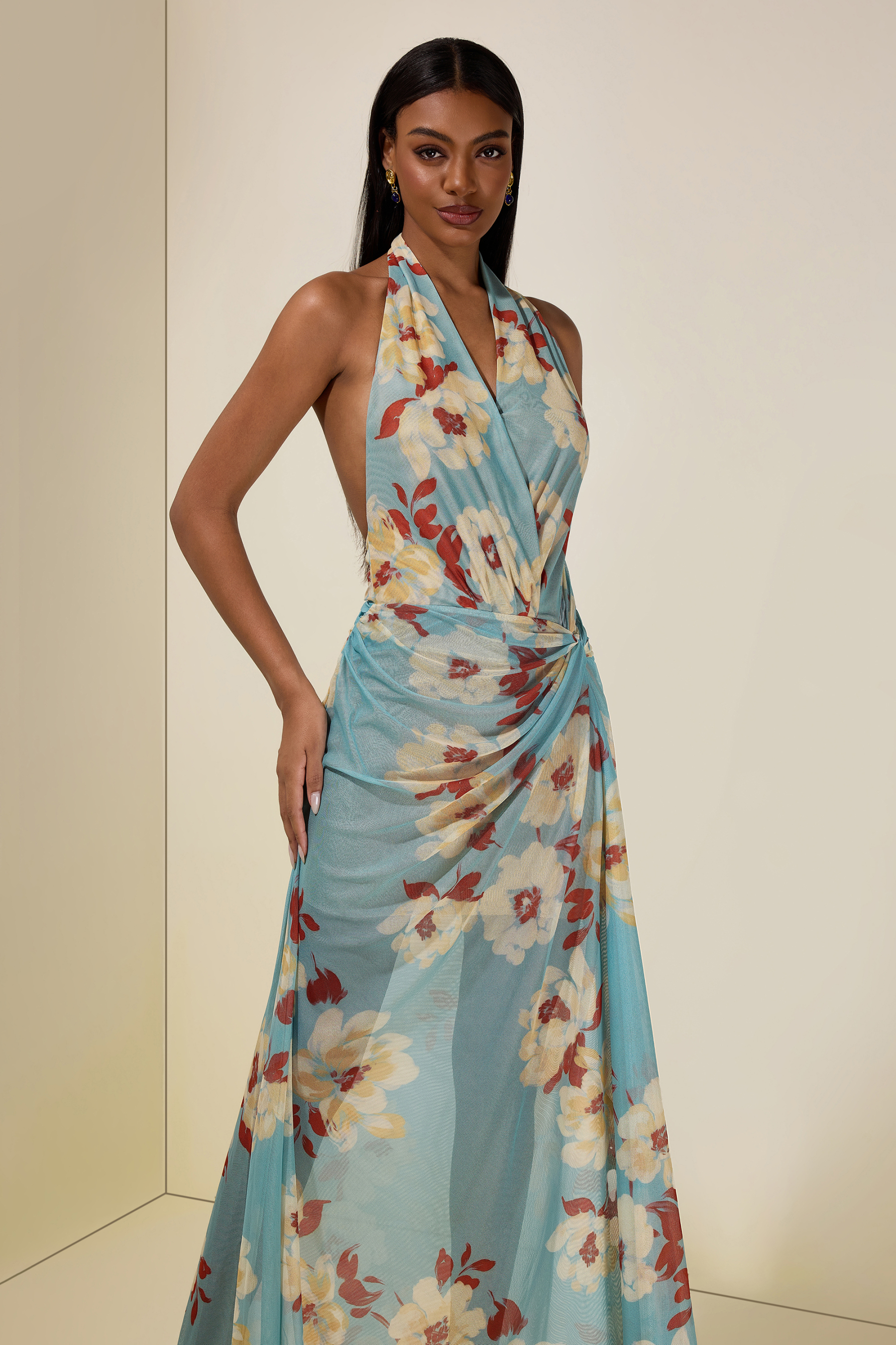 Mesh Floral Halter Neck Midi Dress