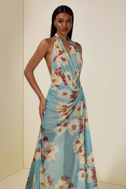 Mesh Floral Halter Neck Midi Dress