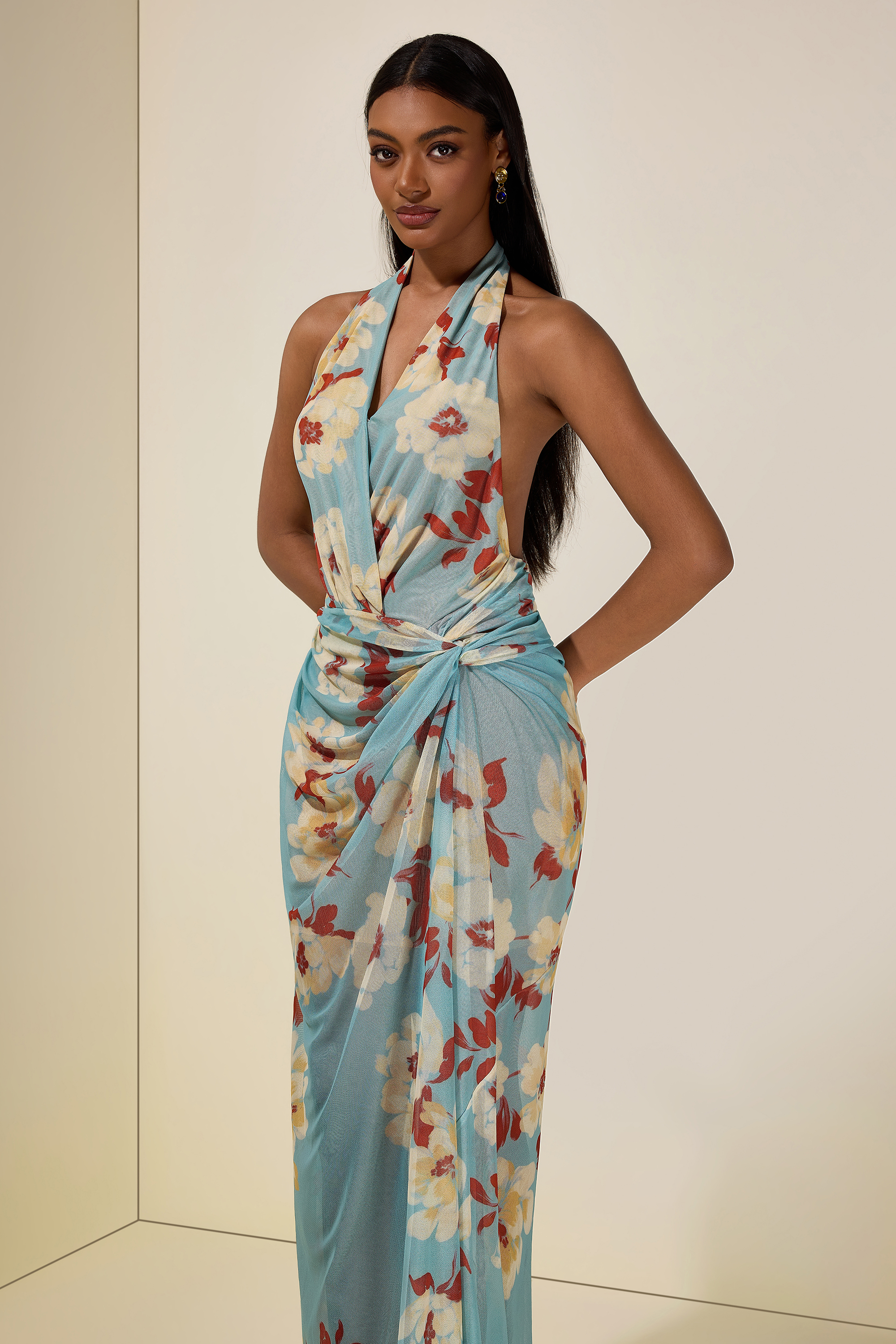 Mesh Floral Halter Neck Midi Dress