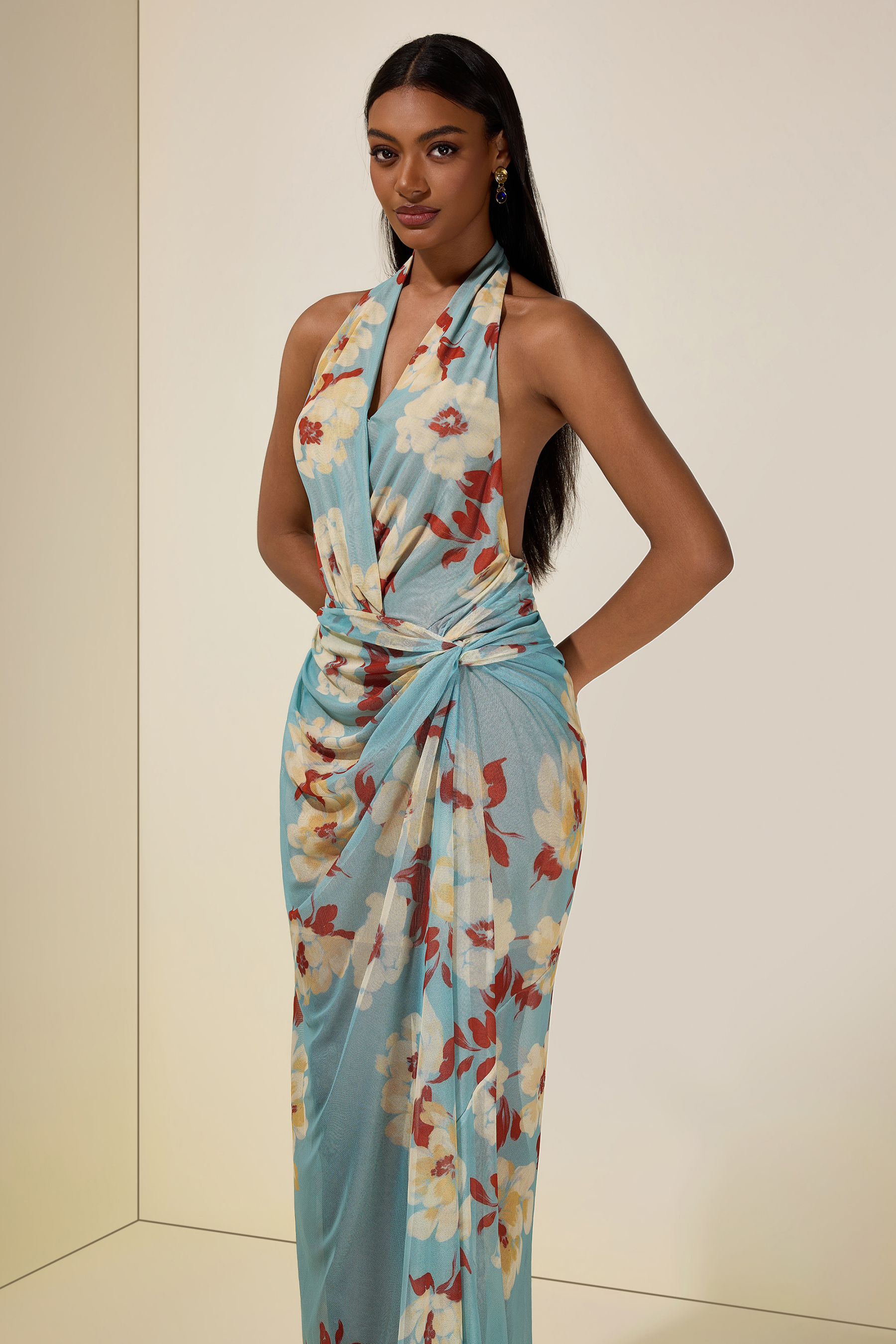 Mesh Floral Halter Neck Midi Dress